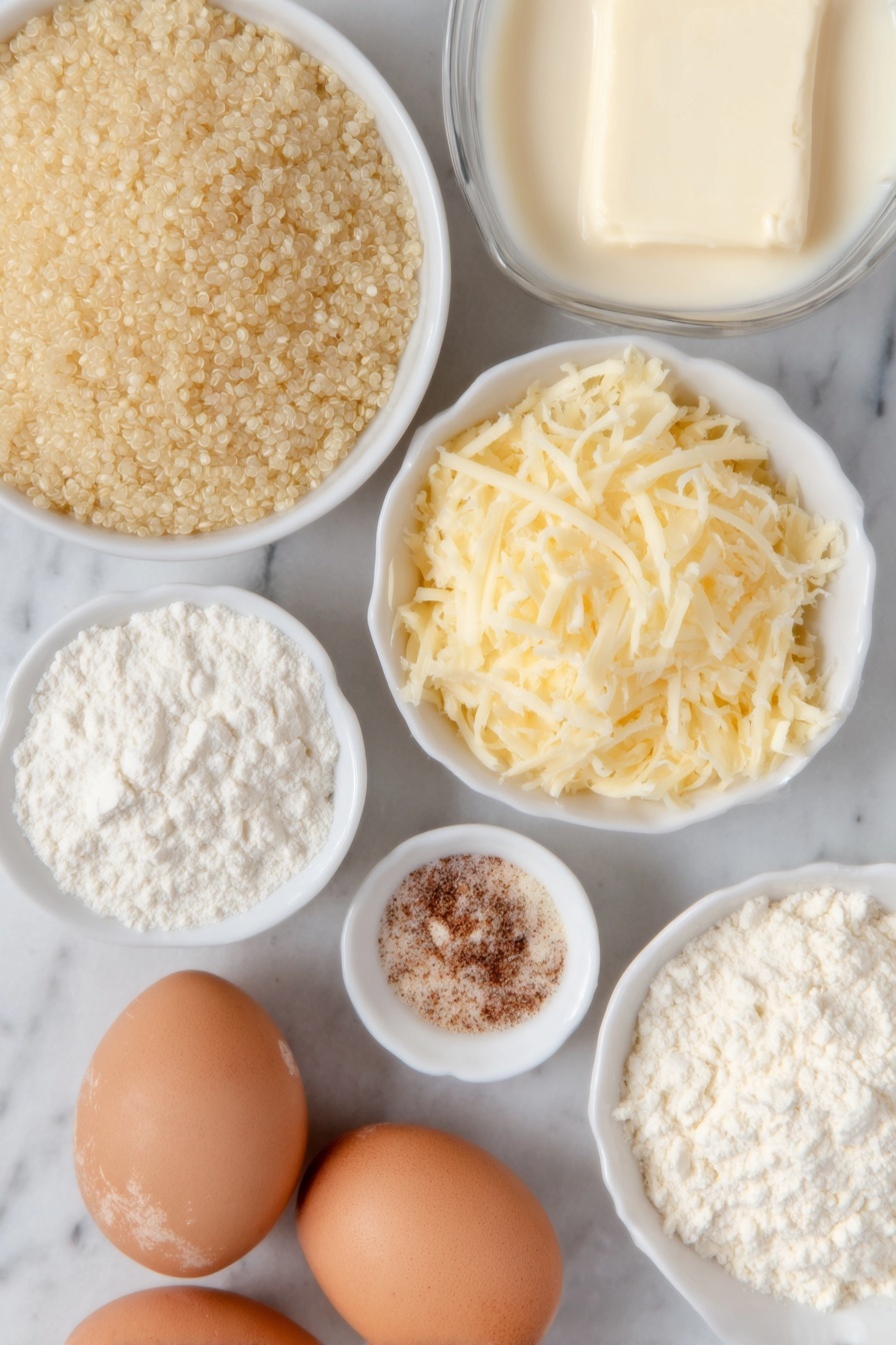 Cheesy Quinoa, cheesy quinoa recipe, healthy cheesy quinoa, creamy quinoa dish, easy quinoa with cheese - Flat lay of a small pile of fluffy uncooked quinoa grains, a glassy heap of sharp shredded cheddar cheese in bright orange-yellow hues, a pat of creamy unsalted butter, a small mound of fine white cornstarch powder, a half-full small white ceramic bowl of thick creamy half & half, a small white ceramic bowl holding smooth plain full-fat Greek yogurt, a few whole uncracked brown eggs with clean shells, a tiny white ceramic bowl containing fine sea salt crystals, and small white ceramic bowls each with fine powder of garlic, onion, and dried mustard spices — all ingredients arranged symmetrically in balanced proportions on a simple white marble surface, soft natural light, photo taken with an iPhone, professional food photography style, fresh ingredients, white ceramic bowls, no bottles, no duplicates, no utensils, no packaging --ar 2:3 --v 7 --p m7354615311229779997