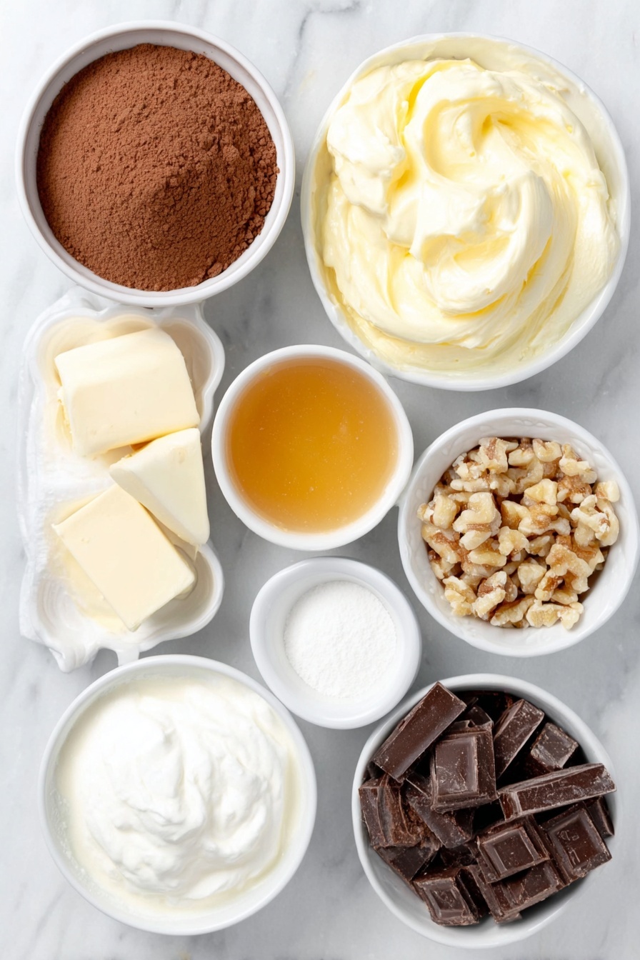 Chocolate Caramel Dump Cake, easy chocolate dessert, caramel dump cake recipe, simple dessert with chocolate and caramel, no-fuss dump cake - Flat lay of a small white ceramic bowl filled with fine chocolate cake mix powder, two large brown eggs with smooth clean shells, a small white ceramic bowl of creamy whole milk, a small white ceramic bowl holding melted golden butter, a small white ceramic bowl containing white baking powder, a small white ceramic bowl with thick white sour cream, a small white ceramic bowl of rich golden caramel sauce, a small white ceramic bowl filled with glossy semi-sweet chocolate chunks, a small white ceramic bowl of thick heavy cream, a neat pile of dark chocolate shavings, and a small heap of golden chopped nuts, all arranged symmetrically and balanced, placed on a clean white marble surface, soft natural light, photo taken with an iPhone, professional food photography style, fresh ingredients, white ceramic bowls, no bottles, no duplicates, no utensils, no packaging --ar 2:3 --v 7 --p m7354615311229779997