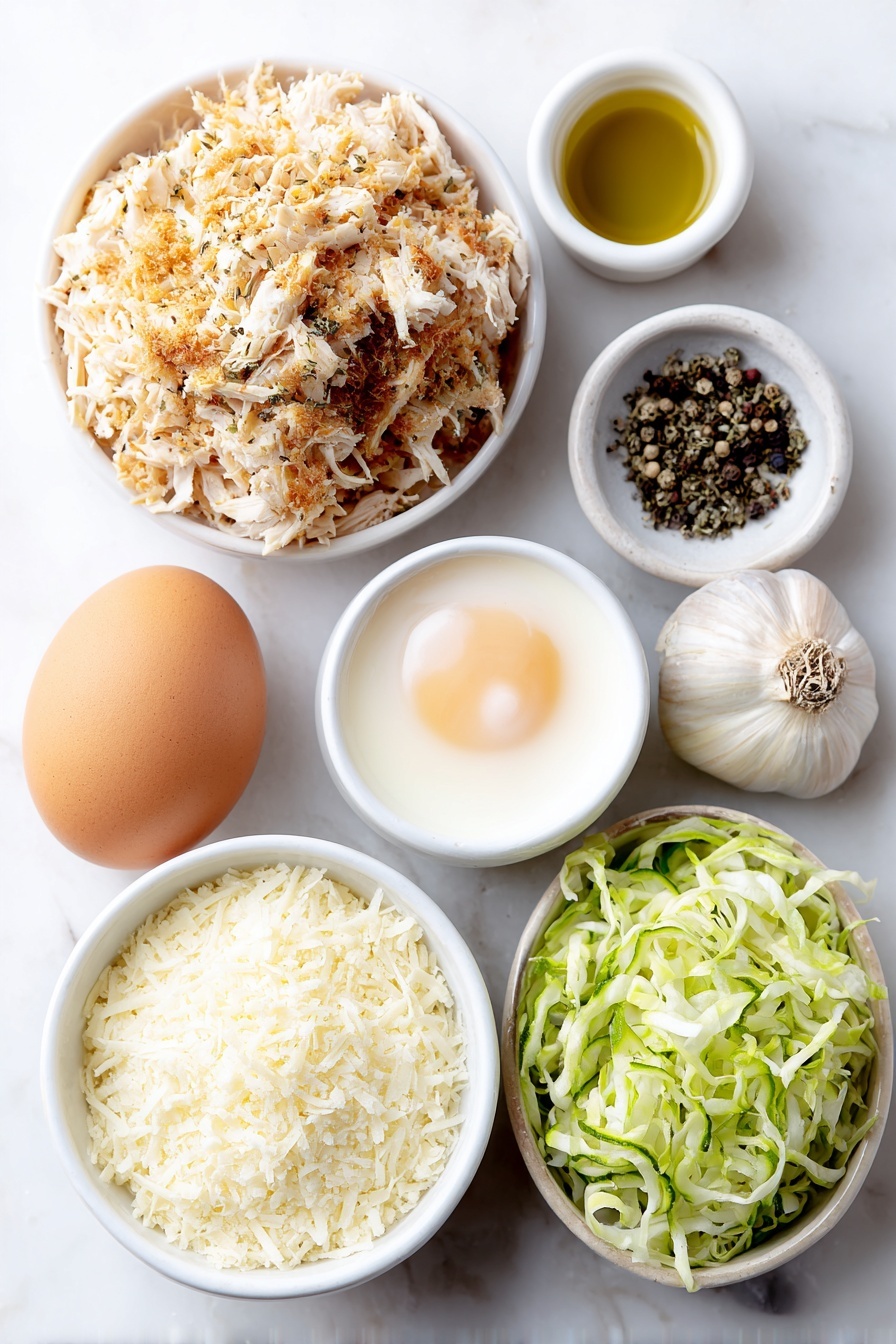 Viral Chicken Crust Caesar Salad Pizza, low carb chicken crust pizza, chicken salad pizza recipe, healthy chicken crust pizza, crispy chicken crust cauliflower pizza - Flat lay of a small mound of shredded canned chicken, one whole uncracked brown egg with a clean shell, a small white bowl of grated parmesan cheese, three fresh garlic cloves, two teaspoons of dried Italian seasoning herbs, a small pinch of coarse salt, a few whole black peppercorns, a small white bowl of light olive oil, a pile of fresh shredded romaine lettuce leaves, a small white bowl filled with creamy Caesar dressing, a small pile of thinly sliced mini cucumbers, all arranged symmetrically around the center, placed on a clean white marble surface, soft natural light, photo taken with an iPhone, professional food photography style, fresh ingredients, white ceramic bowls, no bottles, no duplicates, no utensils, no packaging --ar 2:3 --v 7 --p m7354615311229779997