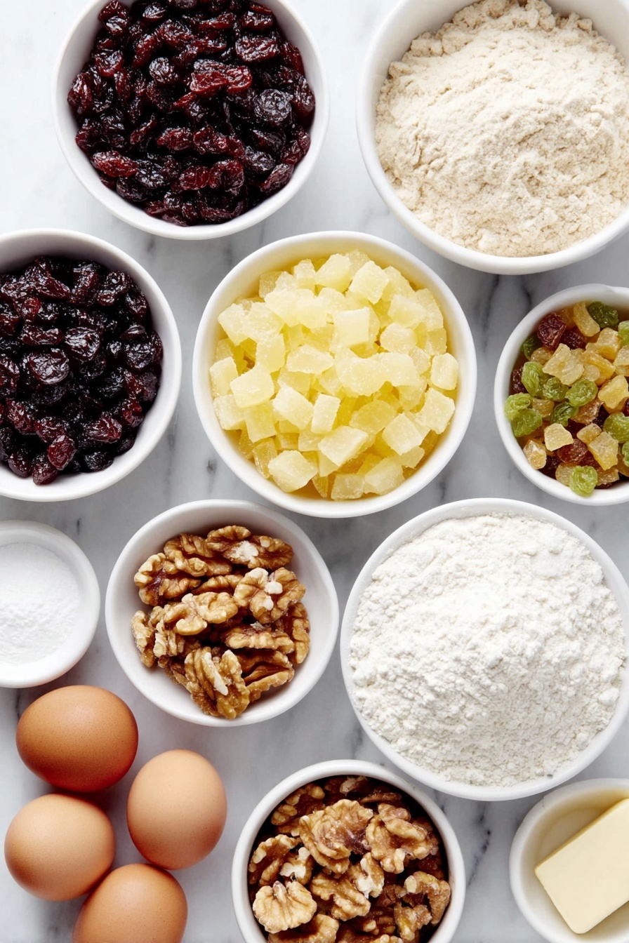 Easy Fruit Cake with Candied Fruits, fruit cake recipe, holiday fruit cake, easy festive cake, candied fruit dessert - Flat lay of whole red candied cherries, whole green candied cherries, diced candied pineapple, golden raisins, walnut halves, a stick of shortening, granulated sugar in a small white bowl, five whole uncracked brown eggs, vanilla extract in a small white bowl, all-purpose flour in a small white bowl, baking powder in a small white bowl, salt in a small white bowl, all arranged symmetrically on simple white ceramic dishes placed on a clean white marble surface, soft natural light, photo taken with an iPhone, professional food photography style, fresh ingredients, white ceramic bowls, no bottles, no duplicates, no utensils, no packaging --ar 2:3 --v 7 --p m7354615311229779997