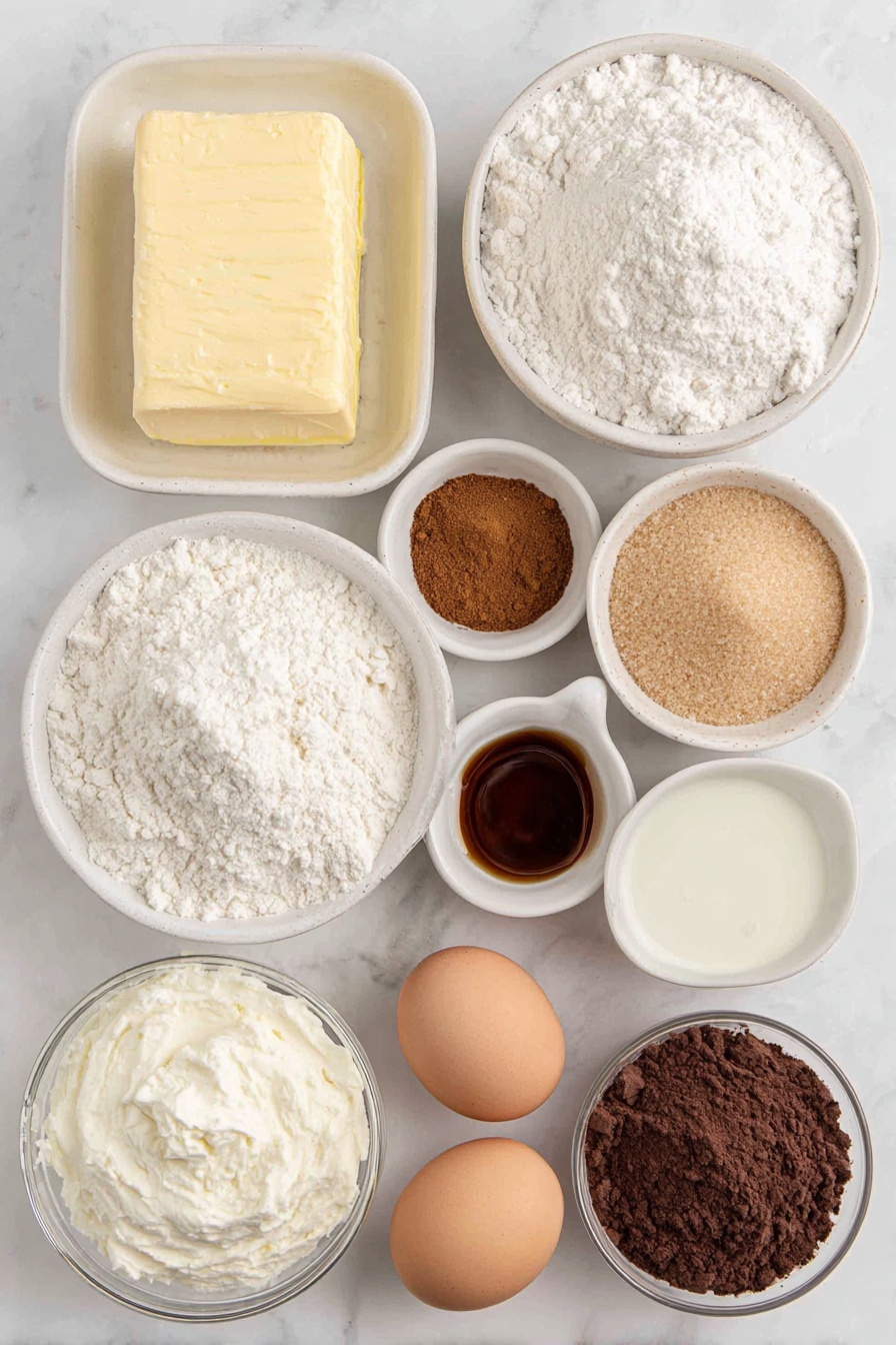 Pumpkin Pie Bars with Shortbread Crust, pumpkin pie bars, shortbread crust pumpkin dessert, easy pumpkin bars, fall holiday treats - Flat lay of a small block of unsalted butter, a small white ceramic bowl of granulated sugar, a small white ceramic bowl of packed light brown sugar, one whole uncracked brown egg, a small white ceramic bowl of vanilla extract, a small white ceramic bowl of all-purpose flour, a small white ceramic bowl of baking powder, a small white ceramic bowl of ground cinnamon, a small white ceramic bowl of kosher salt, a small white ceramic bowl of pumpkin puree, a small white ceramic bowl of heavy cream, two whole uncracked brown eggs, a small white ceramic bowl of cornstarch, a small white ceramic bowl of pumpkin pie spice, a small white ceramic bowl of powdered sugar placed on a clean white marble surface, soft natural light, photo taken with an iPhone, professional food photography style, fresh ingredients, white ceramic bowls, no bottles, no duplicates, no utensils, no packaging --ar 2:3 --v 7 --p m7354615311229779997