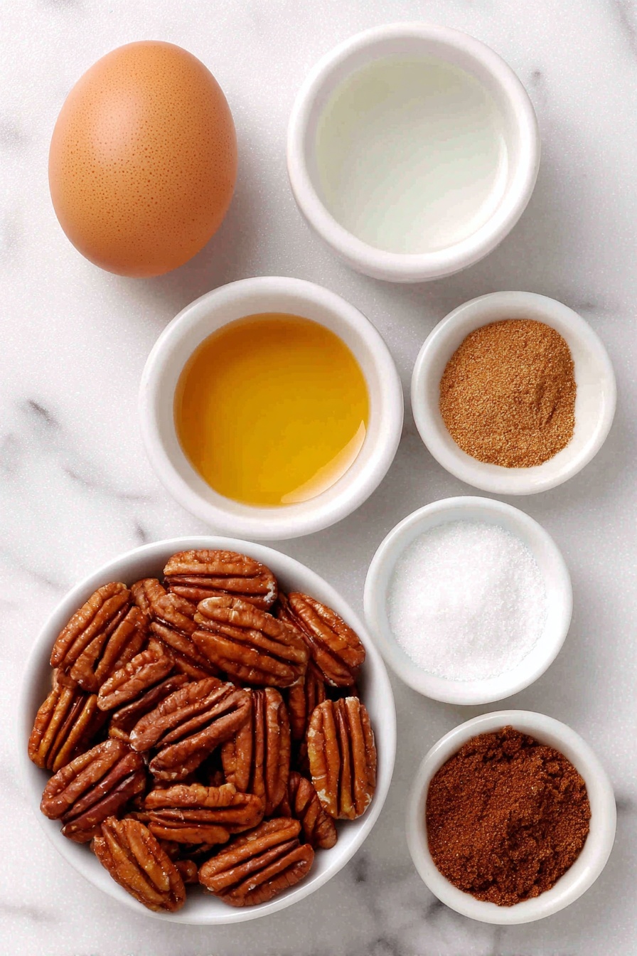 Cinnamon Sugar Pecans, cinnamon sugar pecans, homemade pecan snacks, crunchy sweet pecans, easy nut recipes - Flat lay of a single whole uncracked egg with a clean shell, a small white bowl of clear water, a small white bowl of golden vanilla extract, a small white bowl of light brown ground cinnamon, a small white bowl of coarse white granulated sugar, a small white bowl of moist dark brown sugar, a small white bowl of fine white salt, and a small white ceramic bowl heaped with fresh whole pecans, all arranged in perfect symmetry, placed on a clean white marble surface, soft natural light, photo taken with an iPhone, professional food photography style, fresh ingredients, white ceramic bowls, no bottles, no duplicates, no utensils, no packaging --ar 2:3 --v 7 --p m7354615311229779997