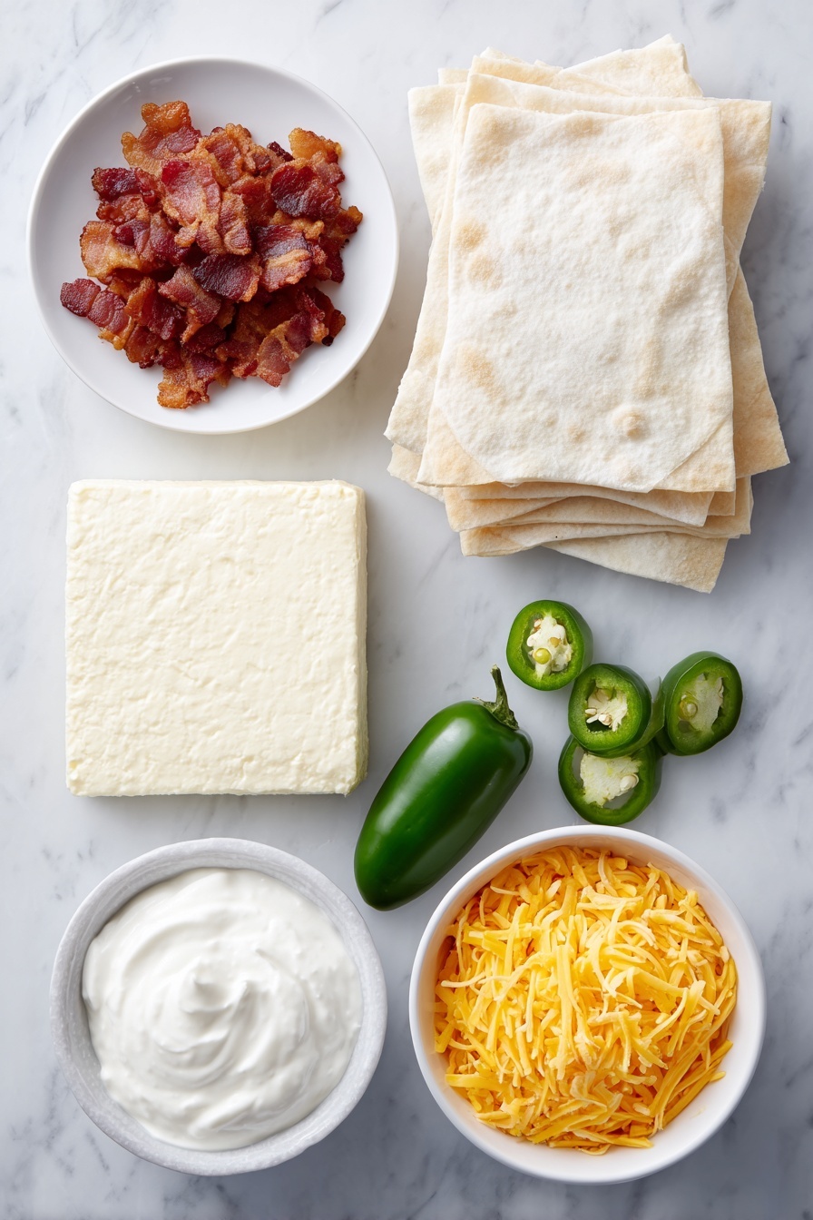 Jalapeno Popper Wonton Cups, spicy appetizer recipes, cheesy jalapeno bites, bacon stuffed wonton cups, easy party snacks - Flat lay of twelve square wonton wrappers stacked neatly, a smooth block of cream cheese, a small white bowl of thick sour cream, crispy cooked and crumbled bacon pieces arranged loosely, shredded bright orange cheddar cheese in a small white bowl, three fresh green jalapeños—two whole and one sliced with visible seeds—placed symmetrically around the ingredients, all placed on a clean white marble surface, soft natural light, photo taken with an iPhone, professional food photography style, fresh ingredients, white ceramic bowls, no bottles, no duplicates, no utensils, no packaging --ar 2:3 --v 7 --p m7354615311229779997