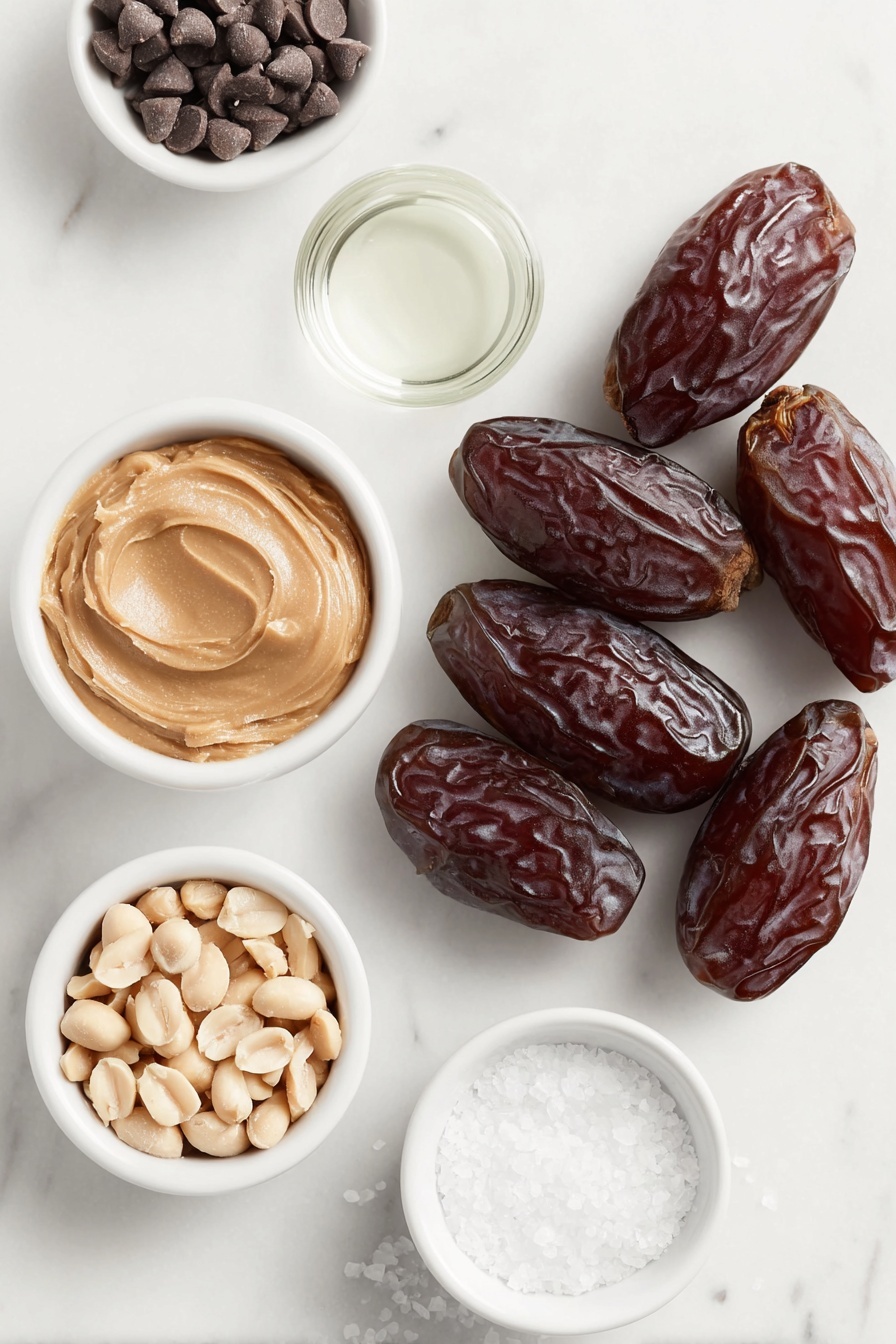 Chocolate Peanut Butter Stuffed Dates, healthy chocolate peanut butter snacks, no-bake date desserts, easy chocolate peanut butter bites, healthy sweet treats with dates - Flat lay of a cluster of glossy Medjool dates with one split open showing smooth peanut butter inside, a small white ceramic bowl filled with creamy all-natural smooth peanut butter, a delicate pile of roughly chopped fresh peanuts, a small white ceramic bowl holding semi-sweet chocolate chips, a tiny white ceramic bowl with clear coconut oil, and a small white ceramic bowl containing flaky sea salt crystals, all arranged in perfect symmetry on a clean white marble surface, soft natural light, photo taken with an iPhone, professional food photography style, fresh ingredients, white ceramic bowls, no bottles, no duplicates, no utensils, no packaging --ar 2:3 --v 7 --p m7354615311229779997