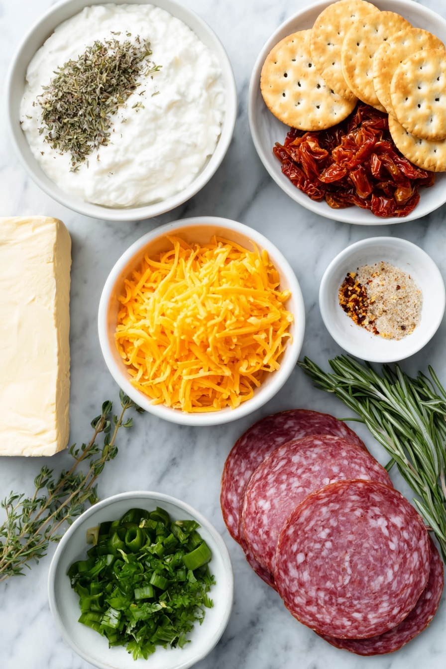 Italian Cheese Loaf Appetizer, cheese appetizer with herbs and salami, no-bake Italian cheese dip, easy Italian cheese appetizer, cheesy herby Italian dip - Flat lay of a block of smooth cream cheese, a small white bowl of sour cream, dried thyme, oregano, basil, and rosemary herbs sprinkled beside a tiny white bowl of mixed garlic powder, salt, and red pepper flakes, a heap of freshly grated sharp cheddar cheese with fine strands, a small mound of finely chopped bright roasted red peppers, thin slices of spicy red salami, a cluster of glossy green olives chopped roughly, a few finely minced stalks of vibrant green onion, a small white bowl filled with oil-coated sun dried tomato strips, a bunch of fresh flat-leaf parsley chopped finely, sprigs of fresh rosemary, and a simple stack of round plain Jatz crackers arranged neatly, all ingredients fresh and natural on simple white ceramic bowls and plates, perfectly balanced and symmetrical composition placed on a clean white marble surface, soft natural light, photo taken with an iPhone, professional food photography style, fresh ingredients, white ceramic bowls, no bottles, no duplicates, no utensils, no packaging --ar 2:3 --v 7 --p m7354615311229779997