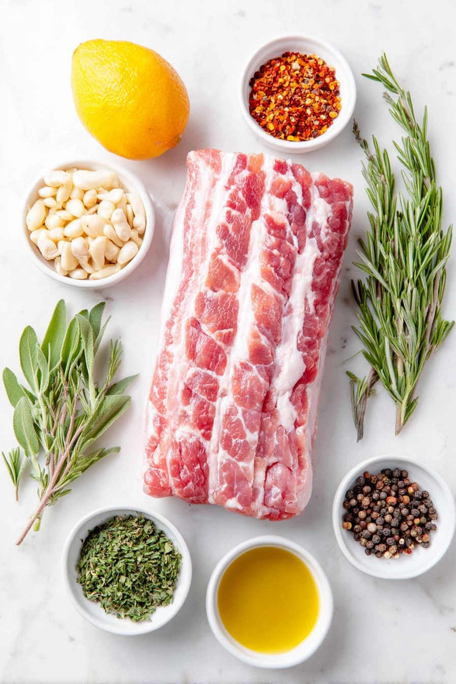 Fennel Pork Porchetta, Fennel Pork Recipe, Herb-Infused Pork Roast, Crispy Pork Belly with Fennel, Gourmet Pork Main Dish - Flat lay of a fresh slab of pork belly with scored fat, a whole pork tenderloin, a small white ceramic bowl of whole fennel seeds, roughly chopped garlic cloves, a small bunch of fennel fronds, a small pile of chopped fresh rosemary, a small pile of chopped fresh sage, a small pile of chopped fresh thyme, a lemon with zest curls visible, a small white ceramic bowl containing red pepper flakes, another small white ceramic bowl with black peppercorns, a small white ceramic bowl of coarse salt, and a small white ceramic bowl of golden olive oil, all arranged symmetrically on a clean white marble surface, soft natural light, photo taken with an iPhone, professional food photography style, fresh ingredients, white ceramic bowls, no bottles, no duplicates, no utensils, no packaging --ar 2:3 --v 7 --p m7354615311229779997