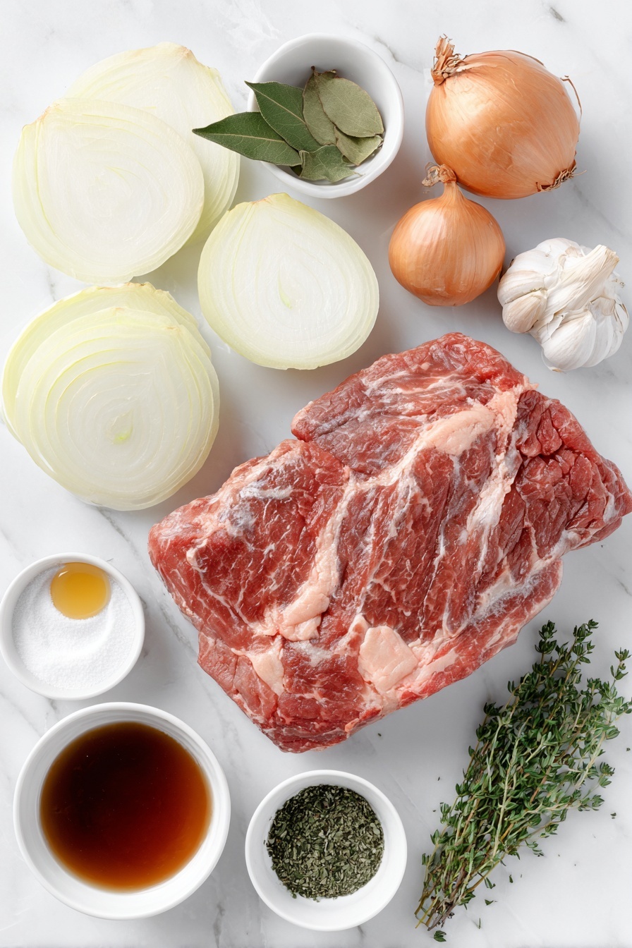 French Onion Pot Roast, French Onion Soup Pot Roast, savory pot roast with caramelized onions, easy French onion pot roast, comforting meat recipes - Flat lay of a fresh 3 to 4 lb chuck roast with a trimmed edge, two yellow onions halved and thinly sliced, two whole uncracked brown garlic cloves, three fresh bay leaves, a small white ceramic bowl of bright green dried parsley flakes, a small white ceramic bowl of dried thyme leaves, a small white ceramic bowl with fine pale arrowroot starch powder, a small white ceramic bowl of light golden avocado oil, a small white ceramic bowl with dark amber coconut aminos, a small white ceramic bowl of rich brown beef broth, a small white ceramic bowl of deep red wine vinegar, and a sprinkle of fresh chopped parsley and thyme leaves, all arranged symmetrically in balanced proportions, placed on a clean white marble surface, soft natural light, photo taken with an iPhone, professional food photography style, fresh ingredients, white ceramic bowls, no bottles, no duplicates, no utensils, no packaging --ar 2:3 --v 7 --p m7354615311229779997