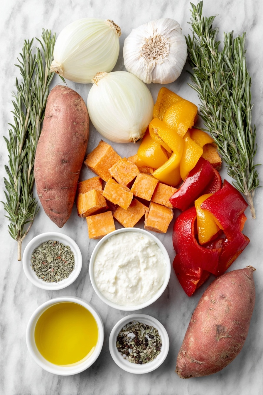 Creamy Roasted Vegetable Soup, roasted vegetable soup, easy healthy soup, veggie soup recipe, comforting vegetable soup - Flat lay of three thick wedges of white onion, five whole unpeeled garlic cloves with skin on, three thick strips of mixed red, yellow, and orange bell peppers, chunks of peeled sweet potato, six thick wedges of ripe red salad tomatoes, chunks of peeled large carrots, five fresh rosemary sprigs, a small white bowl of single cream, a small white bowl of extra virgin olive oil, a small white bowl of dried Italian herbs, a small white bowl of dried sage, a small white bowl of coarse salt, and a small white bowl of black peppercorns placed on a clean white marble surface, soft natural light, photo taken with an iPhone, professional food photography style, fresh ingredients, white ceramic bowls, no bottles, no duplicates, no utensils, no packaging --ar 2:3 --v 7 --p m7354615311229779997
