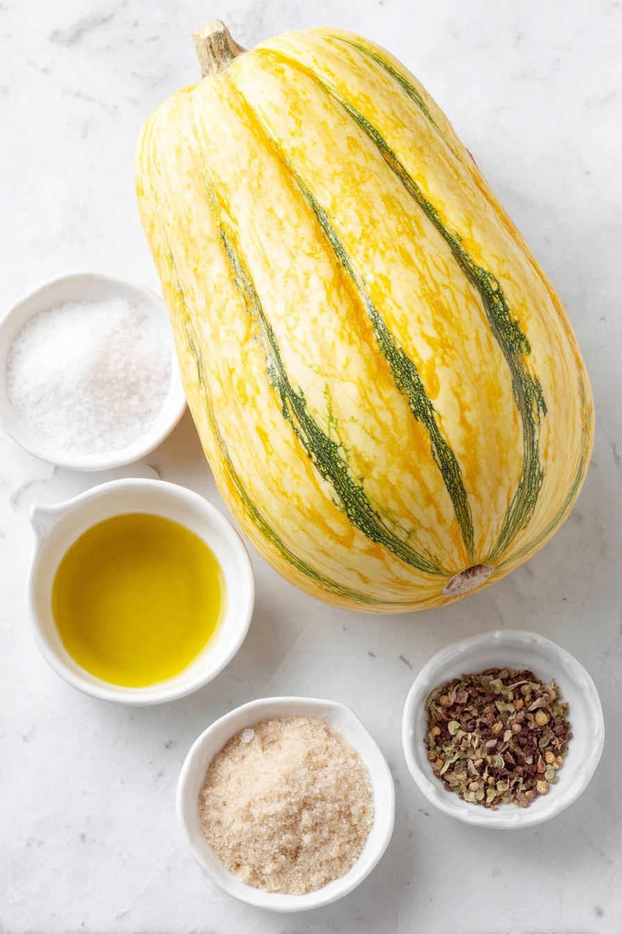 Roasted Delicata Squash, delicata squash side dish, easy squash recipes, fall vegetable recipes, healthy roasted squash - Flat lay of one whole delicata squash with smooth yellow skin and green stripes, a small white ceramic bowl of golden olive oil, a small white bowl of fine white salt, a small white bowl of pale beige garlic powder, and a small white bowl of coarsely cracked black peppercorns, all arranged symmetrically in balanced proportions, placed on a clean white marble surface, soft natural light, photo taken with an iPhone, professional food photography style, fresh ingredients, white ceramic bowls, no bottles, no duplicates, no utensils, no packaging --ar 2:3 --v 7 --p m7354615311229779997