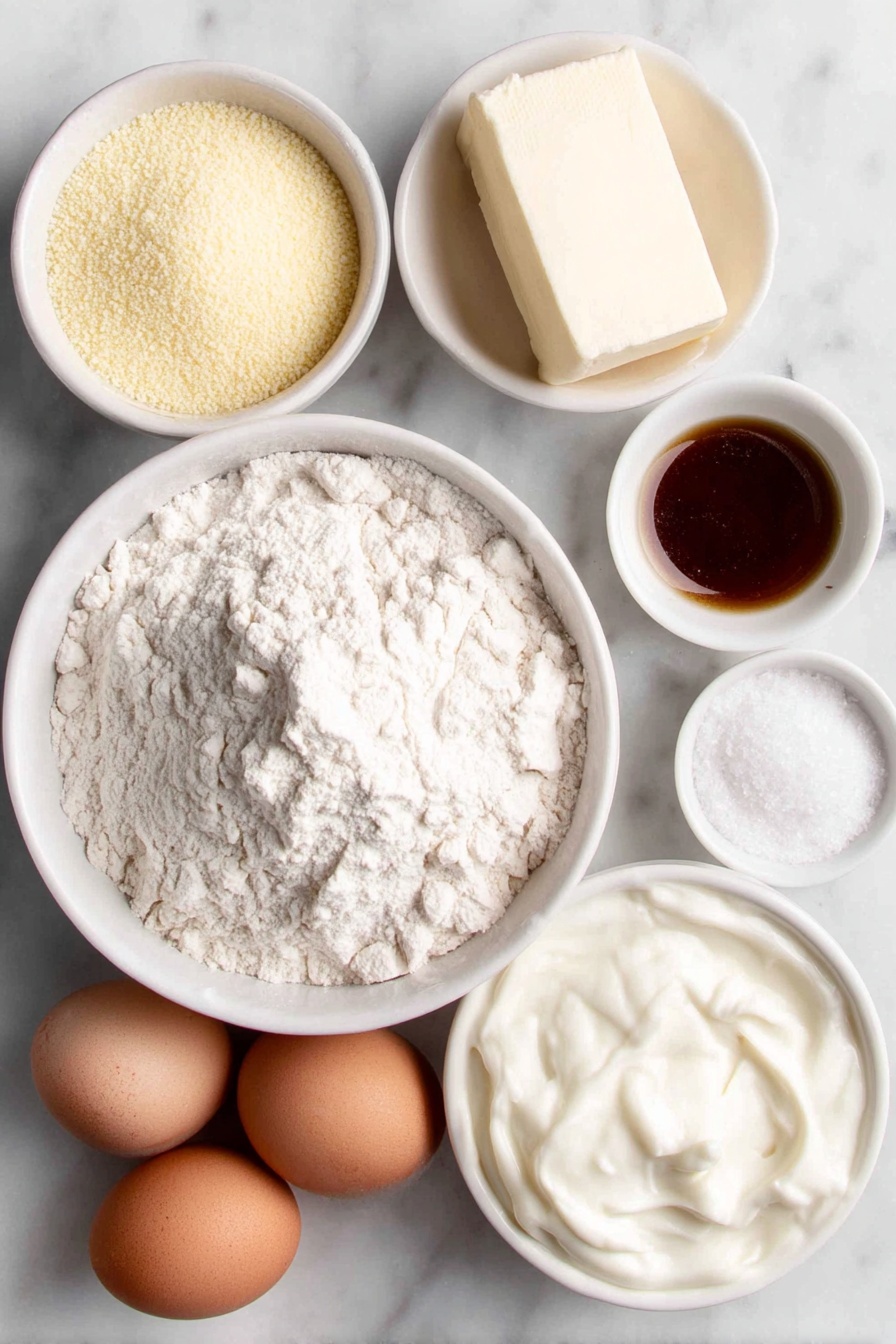 Creamy Moist Cornbread, moist cornbread recipe, easy cornbread, fluffy cornbread, homemade cornbread - Flat lay of a small white ceramic bowl of spooned and leveled all-purpose flour, a small white ceramic bowl of bright yellow cornmeal, a small white ceramic bowl with coarse kosher salt, a small white ceramic bowl with white baking soda, a small white ceramic bowl with light beige baking powder, a half stick of creamy pale yellow butter, a small white ceramic bowl of golden vegetable oil, a small white ceramic bowl filled with white granulated sugar, a small white ceramic bowl with thick amber honey, two large whole brown eggs with clean shells, a small white ceramic bowl filled with creamy white buttermilk placed on a clean white marble surface, soft natural light, photo taken with an iPhone, professional food photography style, fresh ingredients, white ceramic bowls, no bottles, no duplicates, no utensils, no packaging --ar 2:3 --v 7 --p m7354615311229779997