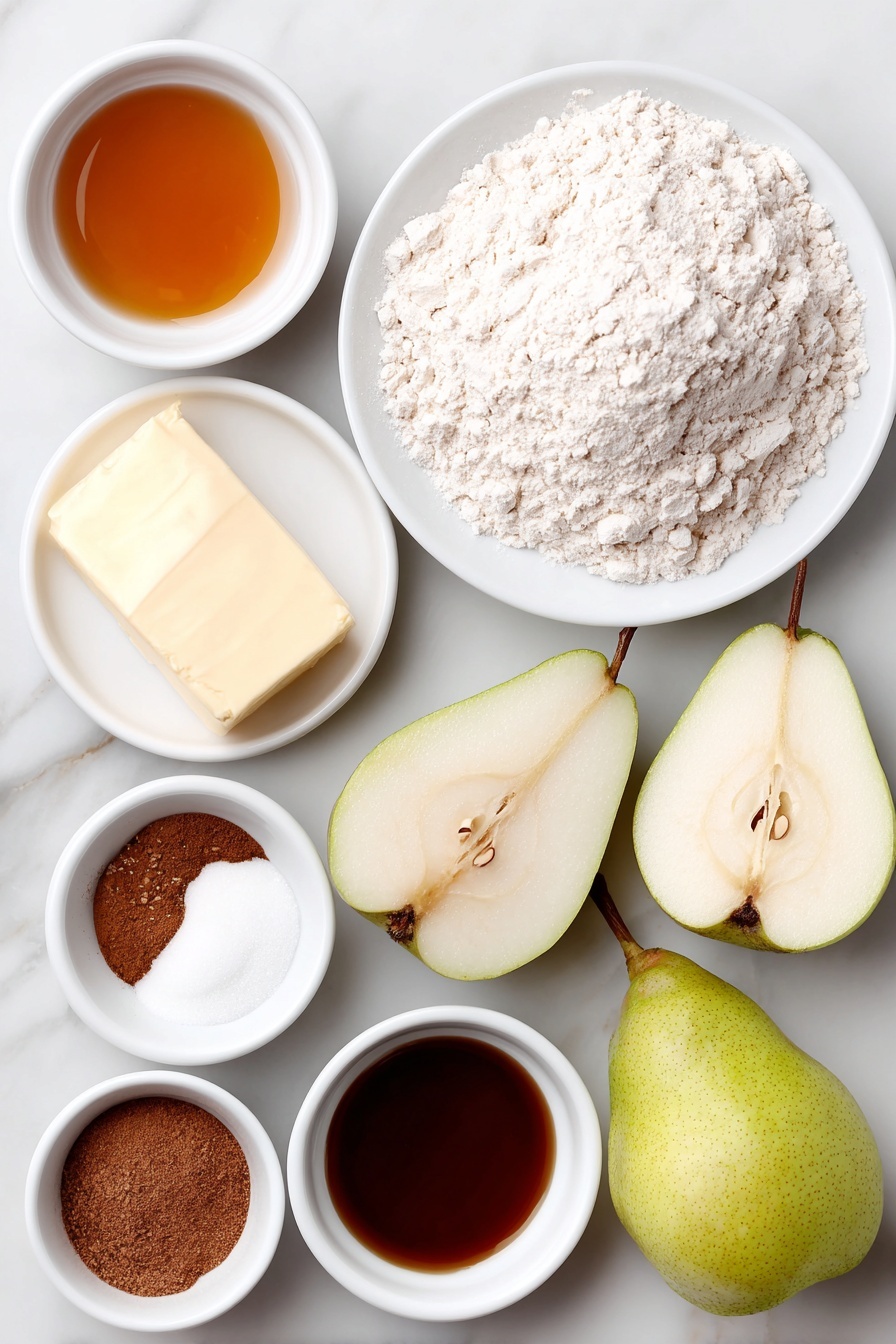 Vegan Pear Pie with Chai Spices, vegan pear pie, chai spiced dessert, dairy-free fruit pie, autumn vegan dessert - Flat lay of a small mound of all purpose flour on a simple white ceramic plate, a few coarse grains of cane sugar in a small white bowl, a chunk of cold vegan butter resting on a white ceramic dish, two small white ceramic bowls containing amber maple syrup and pale almond milk, a small white bowl filled with ice water, five fresh ripe pears halved and chopped with smooth green and yellow skins, a small white ceramic bowl holding solid coconut oil, and an array of spices including ground cinnamon, ground ginger, ground allspice, ground nutmeg, ground cloves, and cardamom, each in tiny white ceramic bowls arranged symmetrically around the central ingredients, all placed on a clean white marble surface, soft natural light, photo taken with an iPhone, professional food photography style, fresh ingredients, white ceramic bowls, no bottles, no duplicates, no utensils, no packaging --ar 2:3 --v 7 --p m7354615311229779997