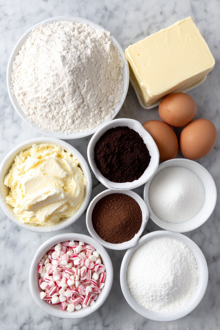 Chocolate Peppermint Candy Cane Cookies, festive holiday cookies, peppermint chocolate cookies, holiday cookie recipes, candy cane dessert ideas - Flat lay of a small mound of all-purpose flour, a small white bowl with Dutch-processed cocoa powder, a small white bowl with black cocoa powder, a small white bowl with baking soda, a small white bowl with coarse sea salt, a slab of unsalted butter, a small white bowl filled with granulated sugar, a small white bowl filled with packed light-brown sugar, two large whole brown eggs with clean shells, a small white bowl with crushed bright red and white candy canes, and a small white bowl with smooth white melted chocolate, arranged in perfect symmetry on a clean white marble surface, soft natural light, photo taken with an iPhone, professional food photography style, fresh ingredients, white ceramic bowls, no bottles, no duplicates, no utensils, no packaging --ar 2:3 --v 7 --p m7354615311229779997