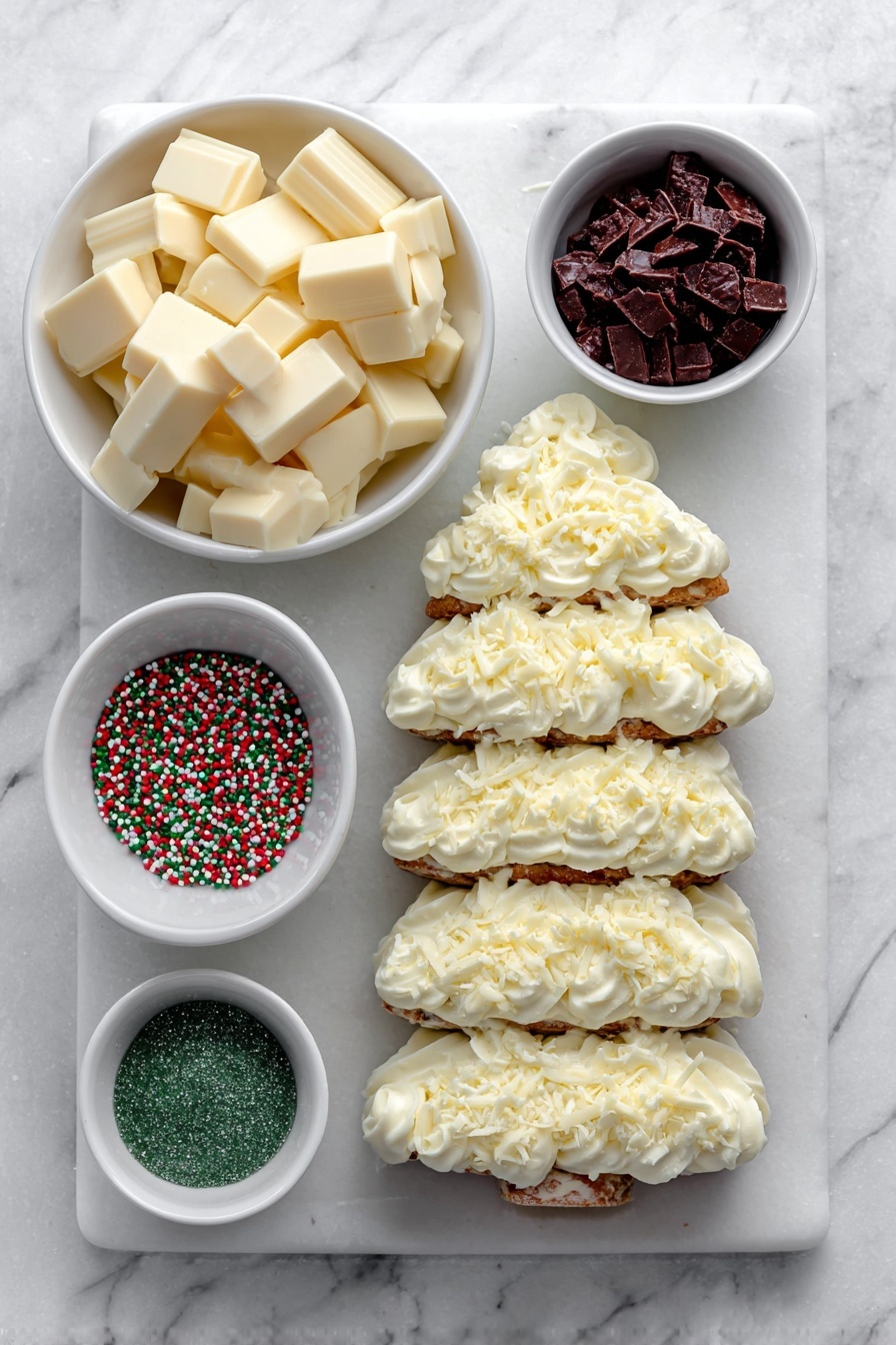 Christmas Tree Cake Truffles, Christmas Tree Cake dessert, holiday truffles recipe, festive cake truffles, no-bake holiday treats - Flat lay of a stack of five fresh Christmas tree-shaped snack cakes with green, white, and red icing, a small white ceramic bowl filled with smooth white chocolate pieces, a small white bowl holding colorful festive sprinkles, a small white bowl containing vibrant red candy melts, and a small white bowl of sparkling green sanding sugar, all arranged symmetrically on a clean white marble surface, soft natural light, photo taken with an iPhone, professional food photography style, fresh ingredients, white ceramic bowls, no bottles, no duplicates, no utensils, no packaging --ar 2:3 --v 7 --p m7354615311229779997