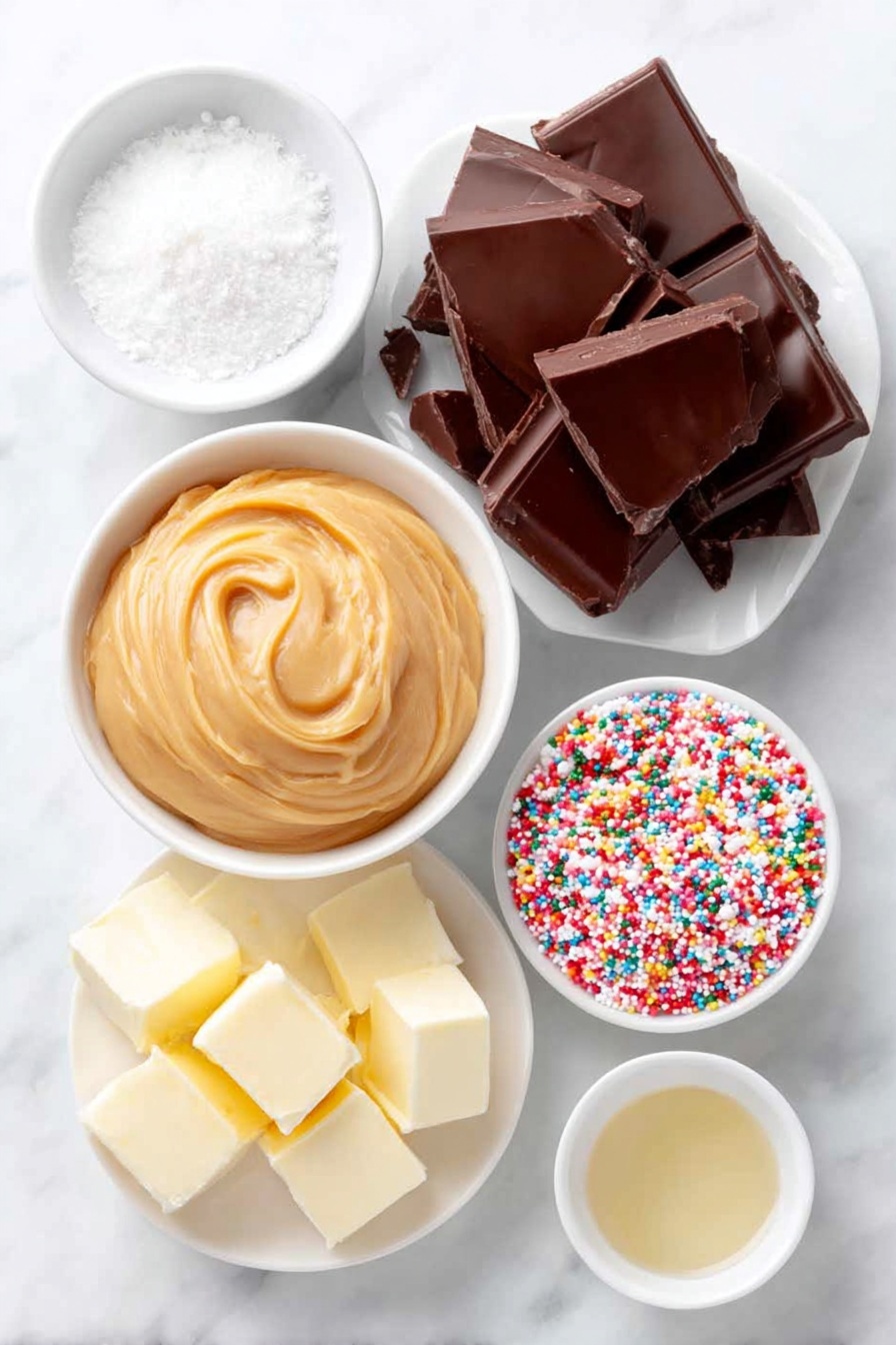 Homemade Peanut Butter Cups, easy peanut butter cups recipe, chocolate peanut butter treat, homemade candy recipes, no-bake peanut butter candies - Flat lay of smooth creamy peanut butter dolloped in a simple white ceramic bowl, a few small cubes of pale unsalted butter on a white plate, a small white bowl holding translucent vanilla extract, a neat mound of fine white confectioners sugar on a white dish, large chunks of glossy dark chocolate almond bark arranged on a white plate, and a small white bowl filled with colorful festive sprinkles, all placed on a clean white marble surface, soft natural light, photo taken with an iPhone, professional food photography style, fresh ingredients, white ceramic bowls, no bottles, no duplicates, no utensils, no packaging --ar 2:3 --v 7 --p m7354615311229779997