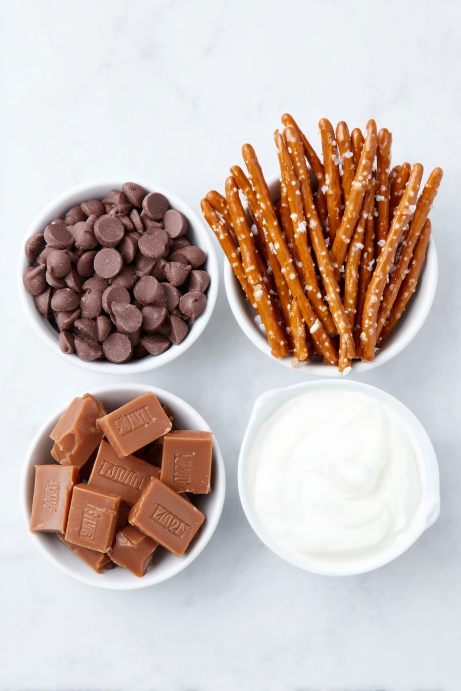 Salted Caramel Pretzel Bark, easy caramel pretzel bark, sweet and salty bark recipe, homemade pretzel treats, quick holiday snacks - Flat lay of a small pile of smooth, glossy milk chocolate chips, a handful of golden-brown pretzels with coarse salt crystals, a simple white ceramic bowl filled with unwrapped golden caramel squares, and a small white ceramic bowl containing rich, creamy heavy cream, all arranged symmetrically and balanced, placed on a clean white marble surface, soft natural light, photo taken with an iPhone, professional food photography style, fresh ingredients, white ceramic bowls, no bottles, no duplicates, no utensils, no packaging --ar 2:3 --v 7 --p m7354615311229779997