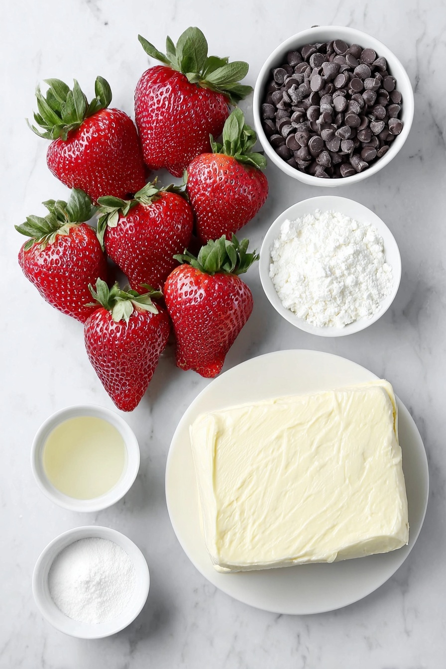 Chocolate Cheesecake Strawberries, chocolate strawberry dessert, easy strawberry dessert, no-bake cheesecake strawberries, decadent fruit treat - Flat lay of fresh large red strawberries with green leafy tops, a small white ceramic bowl filled with glossy semi-sweet chocolate chips, a smooth block of softened cream cheese on a simple white plate, a small white bowl containing fine white powdered sugar, another small white bowl holding cold heavy cream, and a small white bowl with clear vanilla extract, all arranged in perfect symmetry placed on a clean white marble surface, soft natural light, photo taken with an iPhone, professional food photography style, fresh ingredients, white ceramic bowls, no bottles, no duplicates, no utensils, no packaging --ar 2:3 --v 7 --p m7354615311229779997