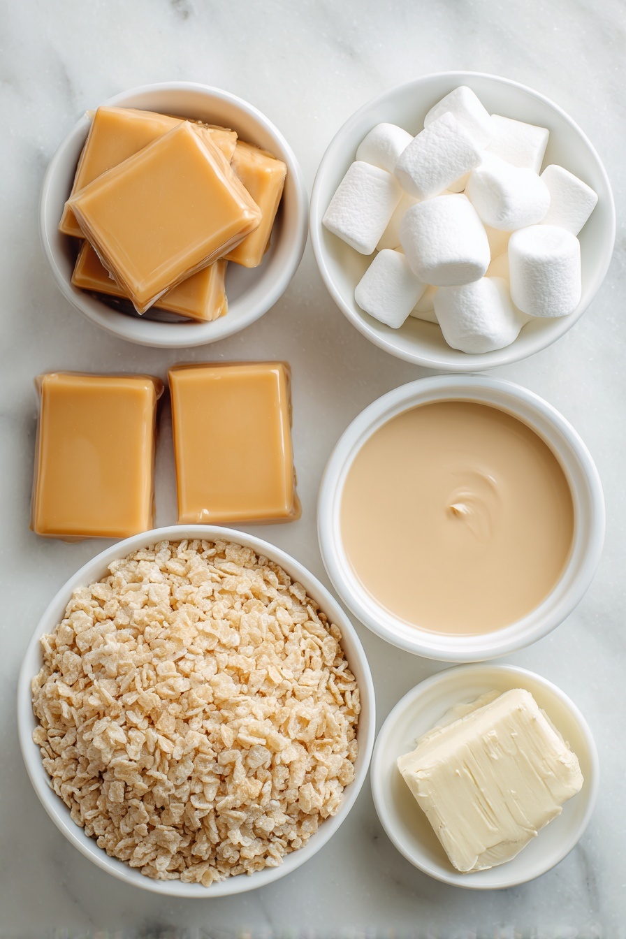 Marshmallow Caramel Rice Krispies Puffs, Rice Krispies treats with caramel and marshmallows, easy caramel marshmallow snack, gourmet Rice Krispies squares, crowd-pleasing holiday treats - Flat lay of a handful of smooth, creamy caramel squares unwrapped and glistening, a small white ceramic bowl filled with thick, glossy sweetened condensed milk, a chunk of pale yellow unsalted butter, several large, soft and pillowy white marshmallows, and a large white ceramic bowl heaped with light, crispy rice cereal flakes, all arranged symmetrically on a clean white marble surface, soft natural light, photo taken with an iPhone, professional food photography style, fresh ingredients, white ceramic bowls, no bottles, no duplicates, no utensils, no packaging --ar 2:3 --v 7 --p m7354615311229779997