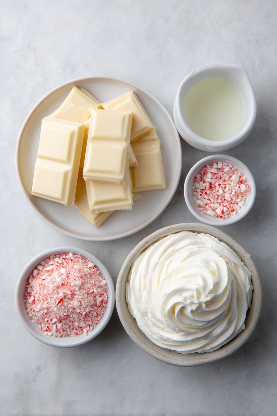 Candy Cane White Hot Chocolate, White Hot Chocolate with Candy Canes, Festive Holiday Hot Chocolate, Easy Slow Cooker Hot Chocolate, Minty Winter Hot Chocolate - Flat lay of a small white ceramic bowl filled with whole milk, a simple white ceramic dish holding broken pieces of creamy white chocolate baking bars, a small white bowl containing crushed red-and-white candy canes, a tiny white bowl with clear vanilla extract, a generous swirl of fresh whipped cream on a plain white ceramic plate, and a separate small white bowl with extra crushed candy canes for garnish, all arranged in perfect symmetry and balanced proportions, placed on a clean white marble surface, soft natural light, photo taken with an iPhone, professional food photography style, fresh ingredients, white ceramic bowls, no bottles, no duplicates, no utensils, no packaging --ar 2:3 --v 7 --p m7354615311229779997