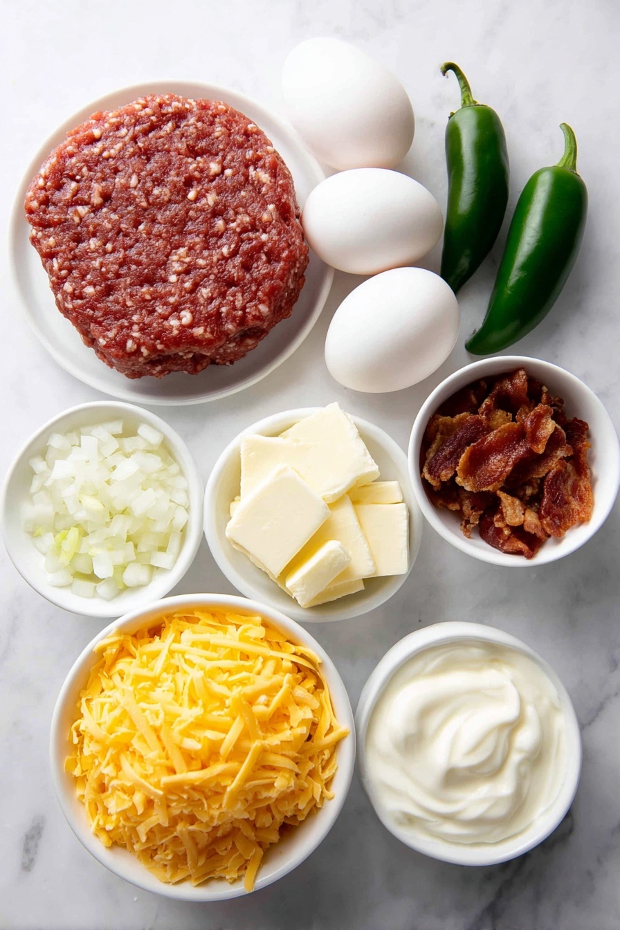 Sausage Breakfast Casserole, breakfast casserole with sausage, cheesy breakfast bake, easy breakfast casserole, hearty morning casserole - Flat lay of raw ground sausage patty, eight whole brown eggs with clean shells, a small white bowl of creamy sour cream, a small white bowl filled with shredded cheddar cheese, a small white bowl of crispy bacon bits, a few fresh green chili peppers, one small white bowl with chopped white onions, scattered whole peppercorns and a small pinch of coarse sea salt crystals all arranged symmetrically around a simple white ceramic plate, placed on a clean white marble surface, soft natural light, photo taken with an iPhone, professional food photography style, fresh ingredients, white ceramic bowls, no bottles, no duplicates, no utensils, no packaging --ar 2:3 --v 7 --p m7354615311229779997