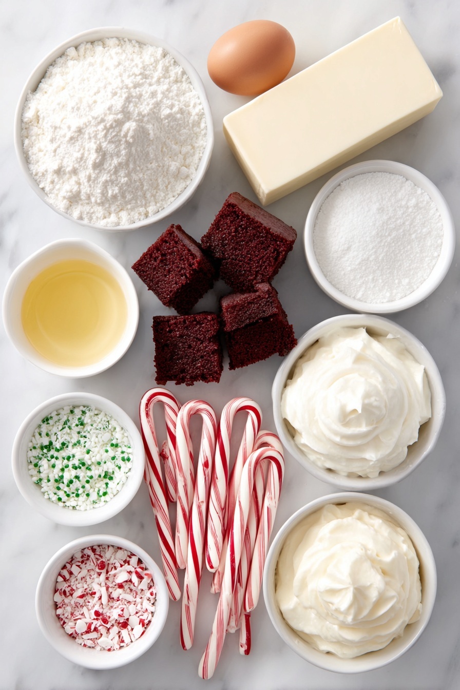 Festive Red Velvet Christmas Dessert, holiday dessert, Christmas cake, red velvet holiday treat, festive layered dessert - Flat lay of a small box of red velvet cake mix with rich red velvet cake pieces beside it, a small white ceramic bowl of melted golden butter, one whole uncracked brown egg, a block of creamy white cream cheese, a small white ceramic bowl of fine white confectioners sugar, a small white ceramic bowl with crushed red and white candy canes, a small white ceramic bowl filled with fresh cold milk, a small white ceramic bowl of fluffy white Cool Whip, two small white ceramic bowls of pale yellow vanilla instant pudding powder, a small white ceramic bowl with vivid green gel food coloring, a scattering of colorful Christmas sprinkles and more crushed candy canes arranged artfully, all placed on a clean white marble surface, soft natural light, photo taken with an iPhone, professional food photography style, fresh ingredients, white ceramic bowls, no bottles, no duplicates, no utensils, no packaging --ar 2:3 --v 7 --p m7354615311229779997