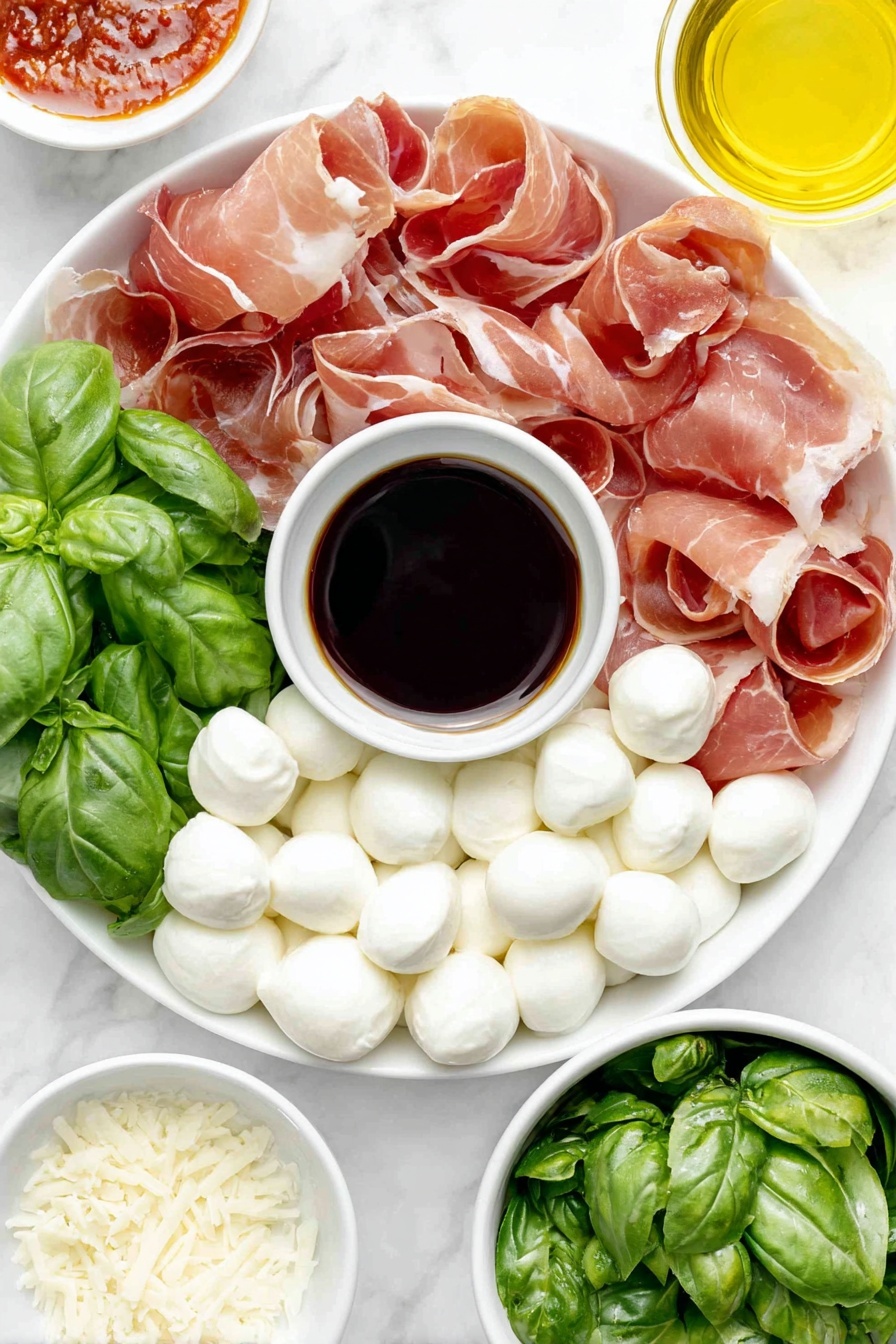 Prosciutto Mozzarella Bites with Basil, prosciutto appetizer, mozzarella appetizer, basil appetizer, easy prosciutto bites - Flat lay of fresh thinly sliced prosciutto halves arranged flat, small smooth white mozzarella balls glistening, vibrant green basil leaves with natural texture, a small white ceramic bowl filled with glossy dark balsamic glaze, all ingredients evenly spaced and perfectly symmetrical, placed on a clean white marble surface, soft natural light, photo taken with an iPhone, professional food photography style, fresh ingredients, white ceramic bowls, no bottles, no duplicates, no utensils, no packaging --ar 2:3 --v 7 --p m7354615311229779997