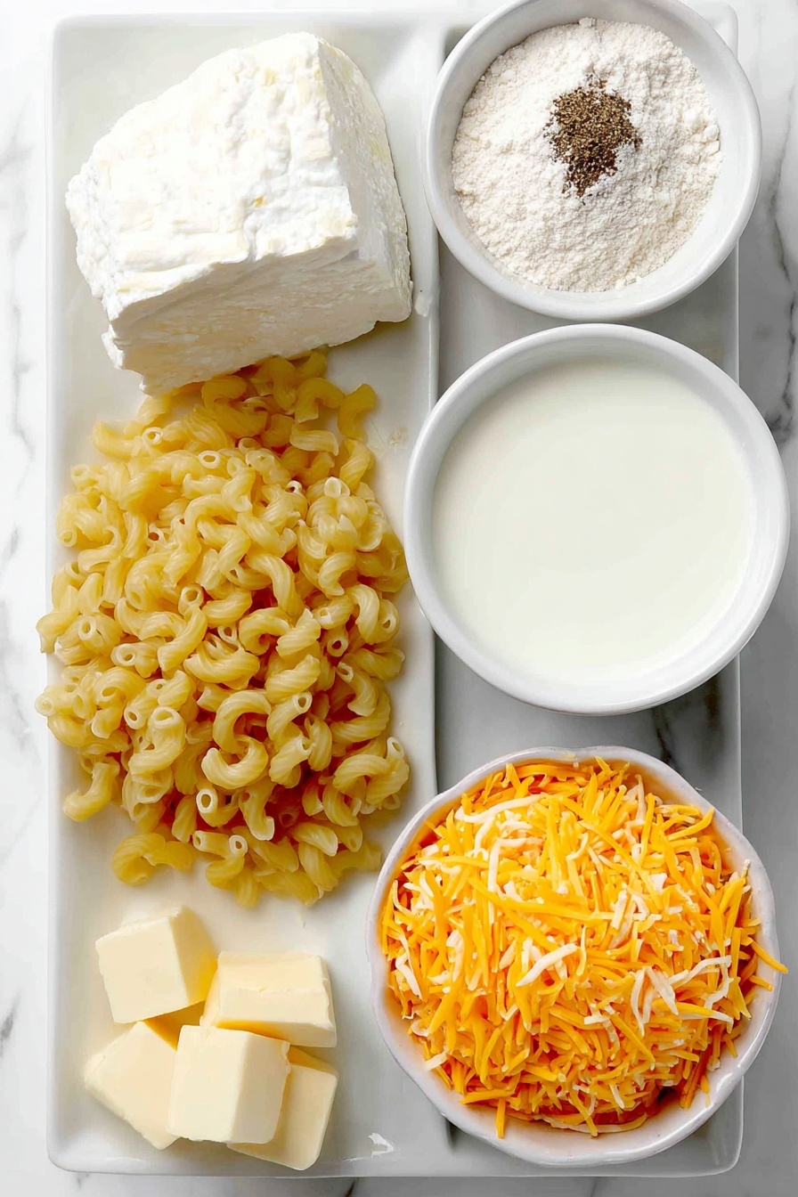 Creamy Baked Mac and Cheese, baked mac and cheese, cheesy baked pasta, comfort food recipes, homemade mac and cheese - Flat lay of uncooked elbow macaroni noodles, a few small cubes of golden butter, a small mound of pale all-purpose flour, a pinch of coarse salt crystals, a sprinkle of freshly ground black pepper, a small white ceramic bowl filled with creamy milk, a small white ceramic bowl containing smooth half and half cream, a small white ceramic bowl heaped with bright orange shredded cheddar cheese placed on a clean white marble surface, soft natural light, photo taken with an iPhone, professional food photography style, fresh ingredients, white ceramic bowls, no bottles, no duplicates, no utensils, no packaging --ar 2:3 --v 7 --p m7354615311229779997