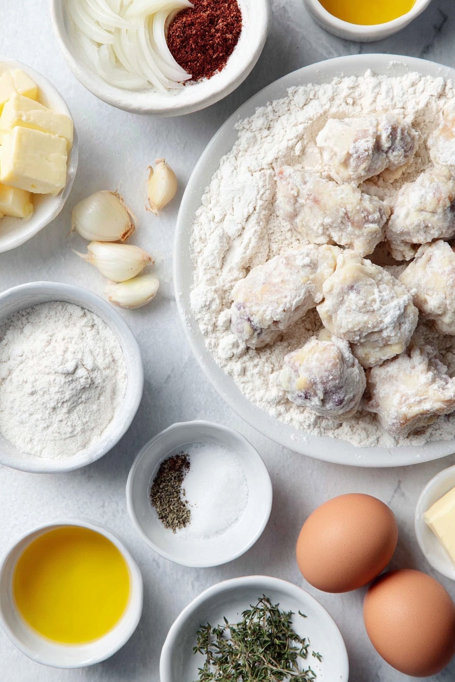 Vegan Chicken and Dumplings, vegan comfort food, plant-based chicken stew, vegan dumplings recipe, dairy-free chicken and dumplings - Flat lay of a medium yellow onion chopped, two medium peeled and sliced carrots, three peeled garlic cloves, a small white ceramic bowl of olive oil, a small white ceramic bowl of all purpose flour, a small white ceramic bowl of no chicken broth, a small white ceramic bowl of unsweetened vegan creamer, a small white ceramic bowl with dried thyme, a small white ceramic bowl with dried parsley, a small white ceramic bowl of frozen green peas, a portion of fresh vegan chicken pieces, a large white ceramic bowl with all purpose flour, a small white ceramic bowl of baking powder, a small white ceramic bowl with salt, a small white ceramic bowl with ground black pepper, a small white ceramic bowl of unsweetened plant milk, a small white ceramic bowl of melted vegan butter, two whole uncracked brown eggs placed on a simple white ceramic plate, placed on a clean white marble surface, soft natural light, photo taken with an iPhone, professional food photography style, fresh ingredients, white ceramic bowls, no bottles, no duplicates, no utensils, no packaging --ar 2:3 --v 7 --p m7354615311229779997