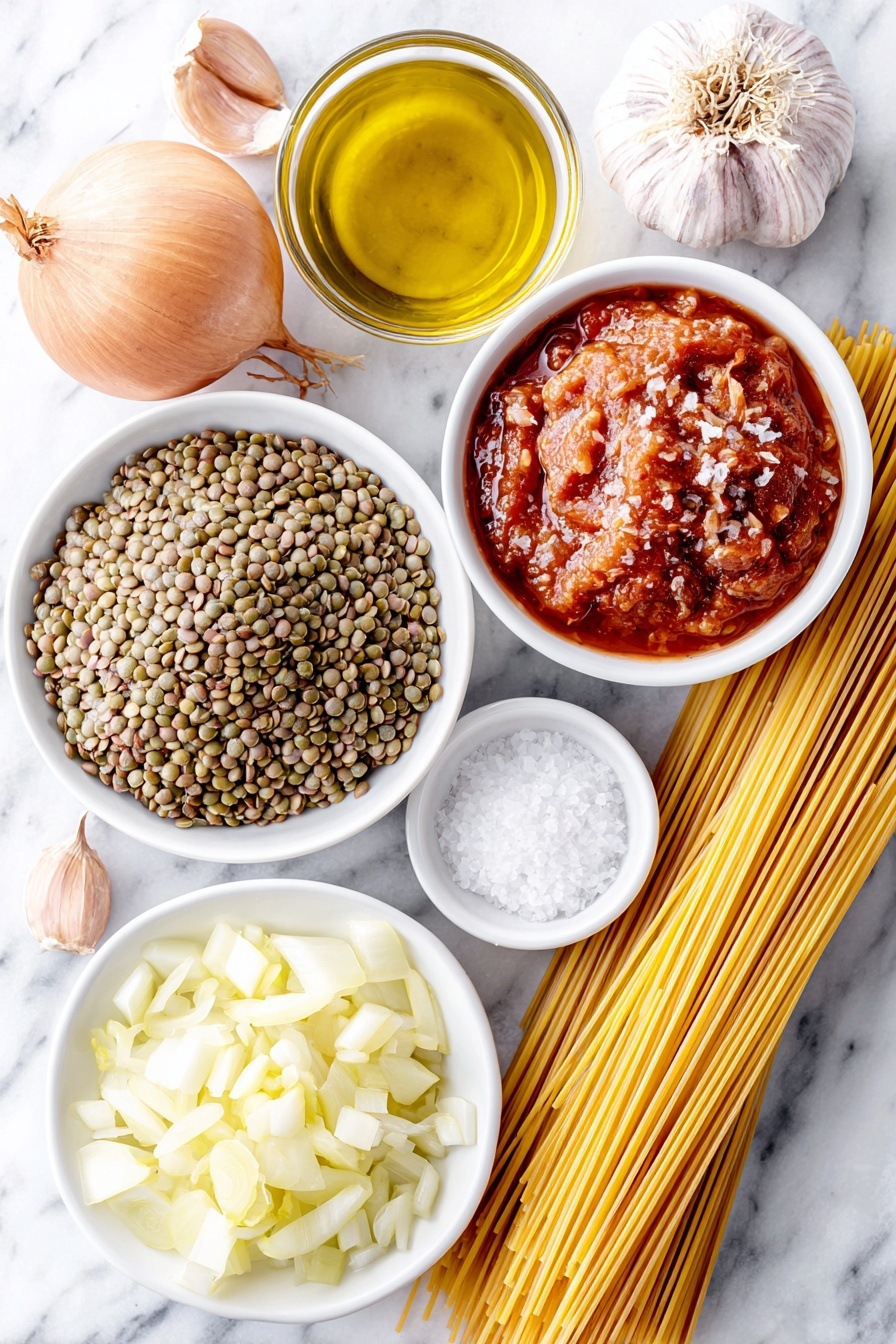 Instant Pot Lentil Spaghetti, healthy lentil pasta dinner, easy vegan pasta recipe, quick plant-based meals, one-pot lentil pasta - Flat lay of a small white ceramic bowl of golden olive oil, half a fresh yellow onion diced finely on a simple white plate, two peeled cloves of garlic next to the onion, a small white bowl with coarse salt crystals, a pile of cooked green lentils arranged neatly on a white ceramic dish, a simple white bowl filled with clear water, a bundle of uncooked golden spaghetti noodles loosely arranged, and a white ceramic bowl filled with vibrant red vegan marinara sauce, all placed on a clean white marble surface, soft natural light, photo taken with an iPhone, professional food photography style, fresh ingredients, white ceramic bowls, no bottles, no duplicates, no utensils, no packaging --ar 2:3 --v 7 --p m7354615311229779997