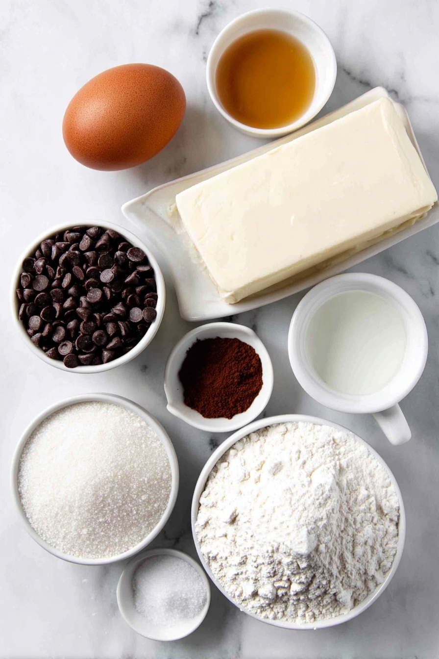 Fudge Rounds Cookies with Chocolate Filling, chocolate sandwich cookies, fudge cookies with filling, homemade chocolate cookies, soft fudgy cookie recipe - Flat lay of a small slab of unsalted butter at cool room temperature, a small pile of granulated sugar, one large whole brown egg with a clean shell, a small white ceramic bowl of light golden corn syrup, a small white ceramic bowl of clear vanilla extract, a small mound of all-purpose flour, a small mound of unsweetened natural cocoa powder, a small mound of cornstarch, a small pile of fine sea salt, a small pile of baking soda, a small white ceramic bowl of milk chocolate chips, a small white ceramic bowl of vegetable oil, a small mound of powdered sugar, a small white ceramic bowl of warm water placed on a clean white marble surface, soft natural light, photo taken with an iPhone, professional food photography style, fresh ingredients, white ceramic bowls, no bottles, no duplicates, no utensils, no packaging --ar 2:3 --v 7 --p m7354615311229779997