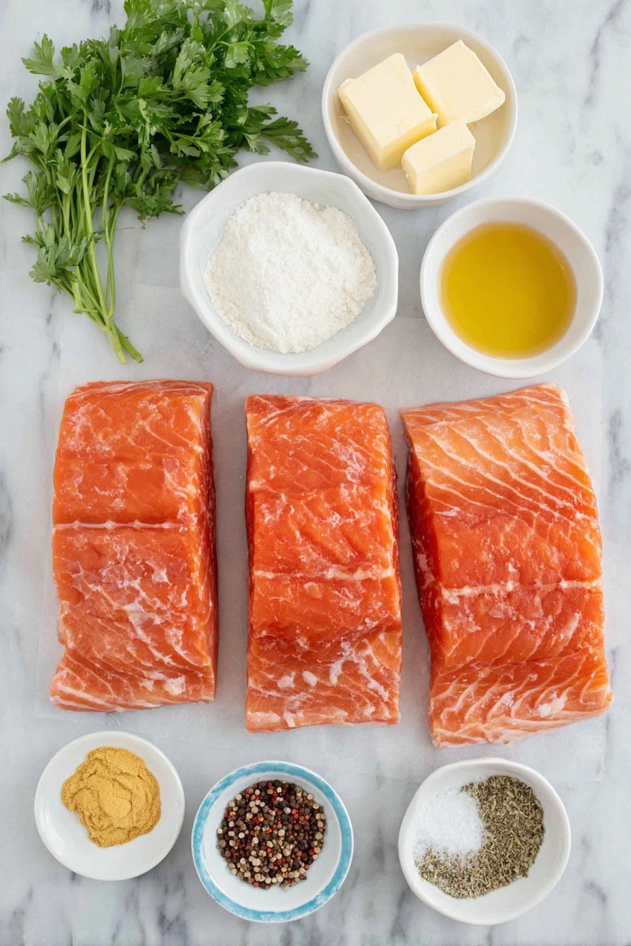 Creamy Lemon Salmon, Lemon Salmon Dinner, Easy Salmon Recipes, Healthy Salmon Main Dish, Quick Seafood Recipes - Flat lay of fresh salmon fillets with bright pink flesh, a small mound of fine white flour, a small white bowl of golden olive oil, a small white bowl of pale yellow butter, a small white bowl filled with light golden chicken broth, a small white bowl of clear lemon juice, a small white bowl of smooth creamy white heavy cream, a few sprigs of fresh vibrant green parsley, a small white bowl containing yellow Dijon mustard, a heap of light brown garlic powder, a small pile of mixed black and white peppercorns, and a pinch of dried Italian seasoning herbs arranged in perfect symmetry, placed on a clean white marble surface, soft natural light, photo taken with an iPhone, professional food photography style, fresh ingredients, white ceramic bowls, no bottles, no duplicates, no utensils, no packaging --ar 2:3 --v 7 --p m7354615311229779997