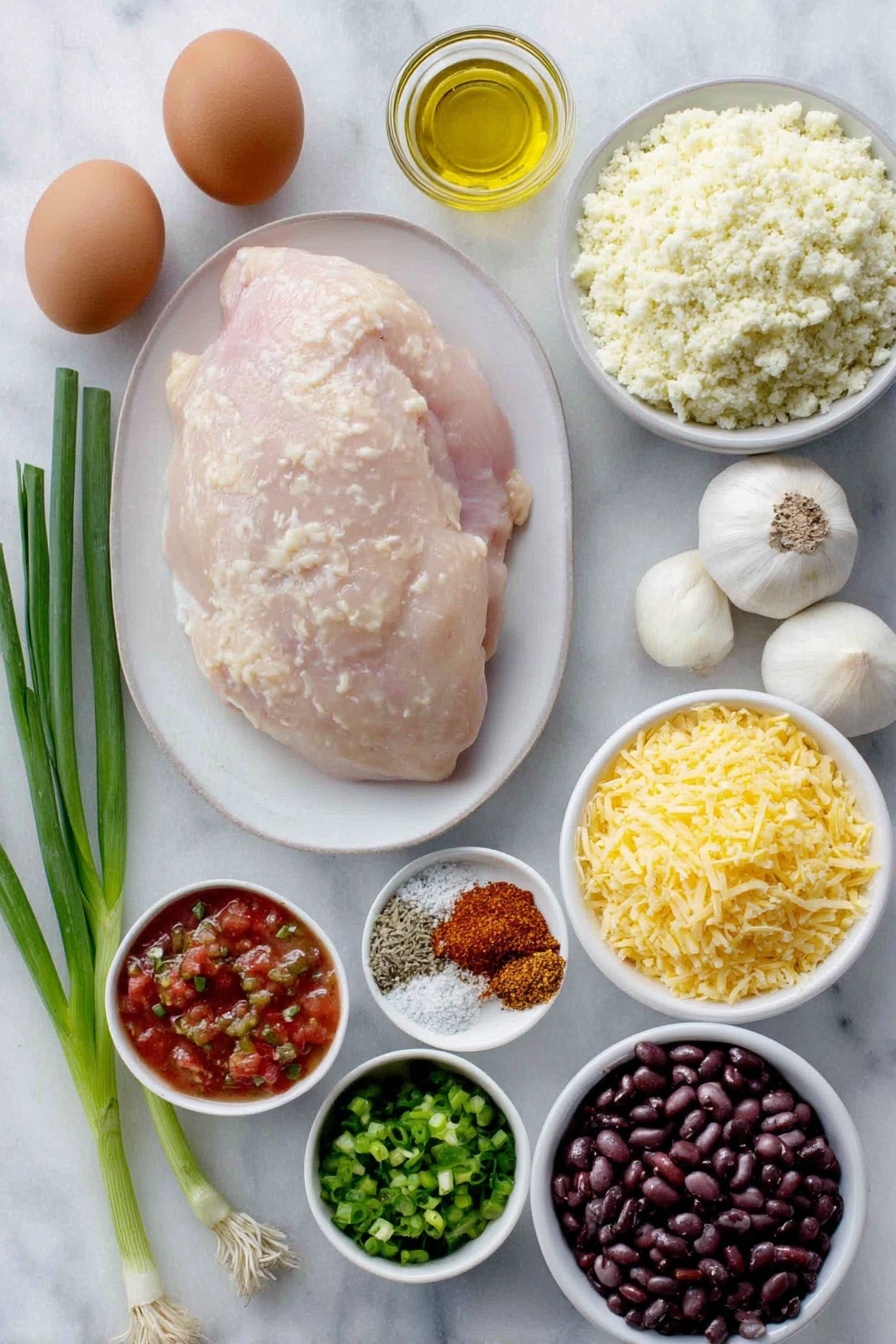 Salsa Chicken with Cauliflower Rice, healthy Mexican chicken skillet, easy low-carb dinner, quick weeknight chicken recipe, flavorful cauliflower rice dish - Flat lay of a raw boneless skinless chicken breast, a small mound of fresh cauliflower rice, two whole uncracked brown eggs, two green onions with bright green stalks and white bulbs, two peeled garlic cloves, a small white bowl with golden olive oil, a small white bowl with vibrant red salsa, a small white bowl of diced fresh green chiles, a small white bowl of rinsed black beans, a small white bowl with a mix of chili powder, cumin, and smoked paprika spices, a small white bowl of chopped fresh cilantro, a small white bowl filled with shredded cheddar and Monterey Jack cheese blend, all arranged symmetrically on a simple white ceramic plate and bowls, placed on a clean white marble surface, soft natural light, photo taken with an iPhone, professional food photography style, fresh ingredients, white ceramic bowls, no bottles, no duplicates, no utensils, no packaging --ar 2:3 --v 7 --p m7354615311229779997