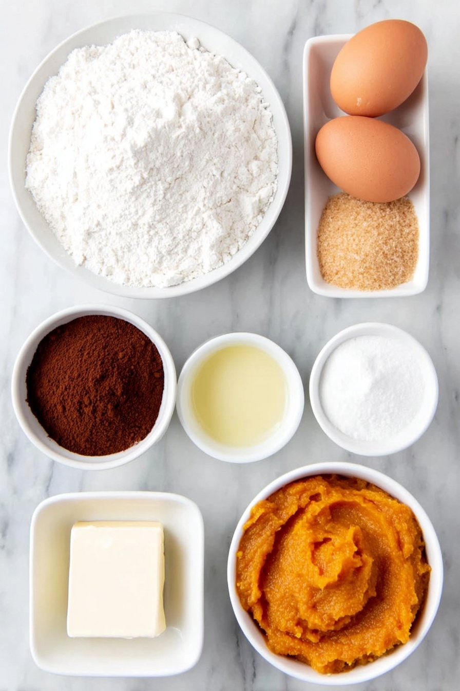 Pumpkin Crumb Muffins with Maple Icing, Pumpkin Muffins, Fall Muffin Recipes, Moist Pumpkin Muffins, Easy Pumpkin Muffin Recipe - Flat lay of a small mound of all-purpose flour, a small heap of golden brown granulated sugar, a small heap of packed dark brown sugar, two whole large brown eggs with clean shells, a small white ceramic bowl of smooth orange pumpkin puree, a small white ceramic bowl of clear light yellow vegetable oil, a small white ceramic bowl of creamy white milk, a small white ceramic bowl containing a blend of ground cinnamon and pumpkin pie spice powders, and a half cup of unsalted butter melted in a small white ceramic bowl, all arranged with perfect symmetry on a clean white marble surface, soft natural light, photo taken with an iPhone, professional food photography style, fresh ingredients, white ceramic bowls, no bottles, no duplicates, no utensils, no packaging --ar 2:3 --v 7 --p m7354615311229779997