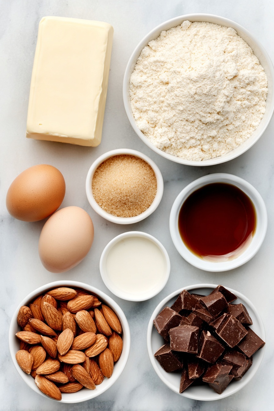 Almond Flour Lace Cookies with Nutella, almond flour lace cookies, Nutella lace cookies, crispy lace cookies, caramelized almond cookies - Flat lay of a small slab of unsalted butter, a small white ceramic bowl filled with packed light brown sugar, a simple white ceramic bowl holding fine almond flour, a few whole uncracked brown eggs, a small white bowl of clear light corn syrup, a small white bowl with pure vanilla extract, a neat pile of whole raw almonds, and a small white bowl containing chopped semi-sweet chocolate chunks, all arranged symmetrically on a clean white marble surface, soft natural light, photo taken with an iPhone, professional food photography style, fresh ingredients, white ceramic bowls, no bottles, no duplicates, no utensils, no packaging --ar 2:3 --v 7 --p m7354615311229779997