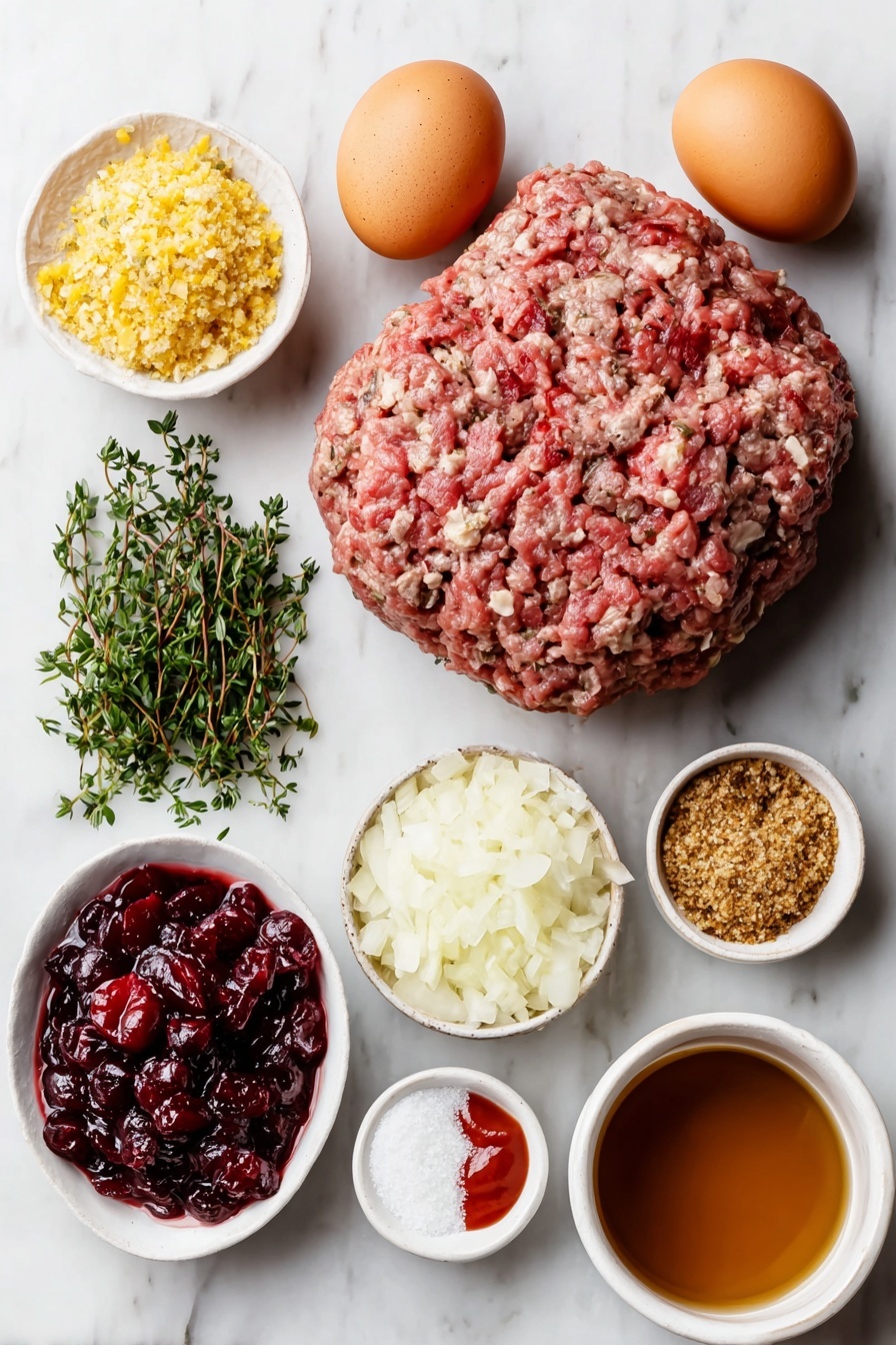 Christmas Cranberry Meatballs, holiday meatball appetizer, cranberry glaze meatballs, festive Christmas party recipes, easy holiday appetizers - Flat lay of two whole uncracked brown eggs, an envelope of onion soup mix as a small pile of golden onion flakes and herbs, a small white bowl of seasoned bread crumbs, a small white bowl of chopped dried cranberries, a small bunch of fresh minced parsley sprigs, a mound of lean ground beef shaped naturally, a small white bowl filled with whole-berry cranberry sauce showing whole cranberries in deep red sauce, a small white bowl of bright red ketchup, a small white bowl of rich brown beef broth, a small white bowl of light brown granulated brown sugar, a small white bowl with finely chopped white onion, and a small white bowl containing pale amber cider vinegar, all arranged symmetrically on a clean white marble surface, soft natural light, photo taken with an iPhone, professional food photography style, fresh ingredients, white ceramic bowls, no bottles, no duplicates, no utensils, no packaging --ar 2:3 --v 7 --p m7354615311229779997