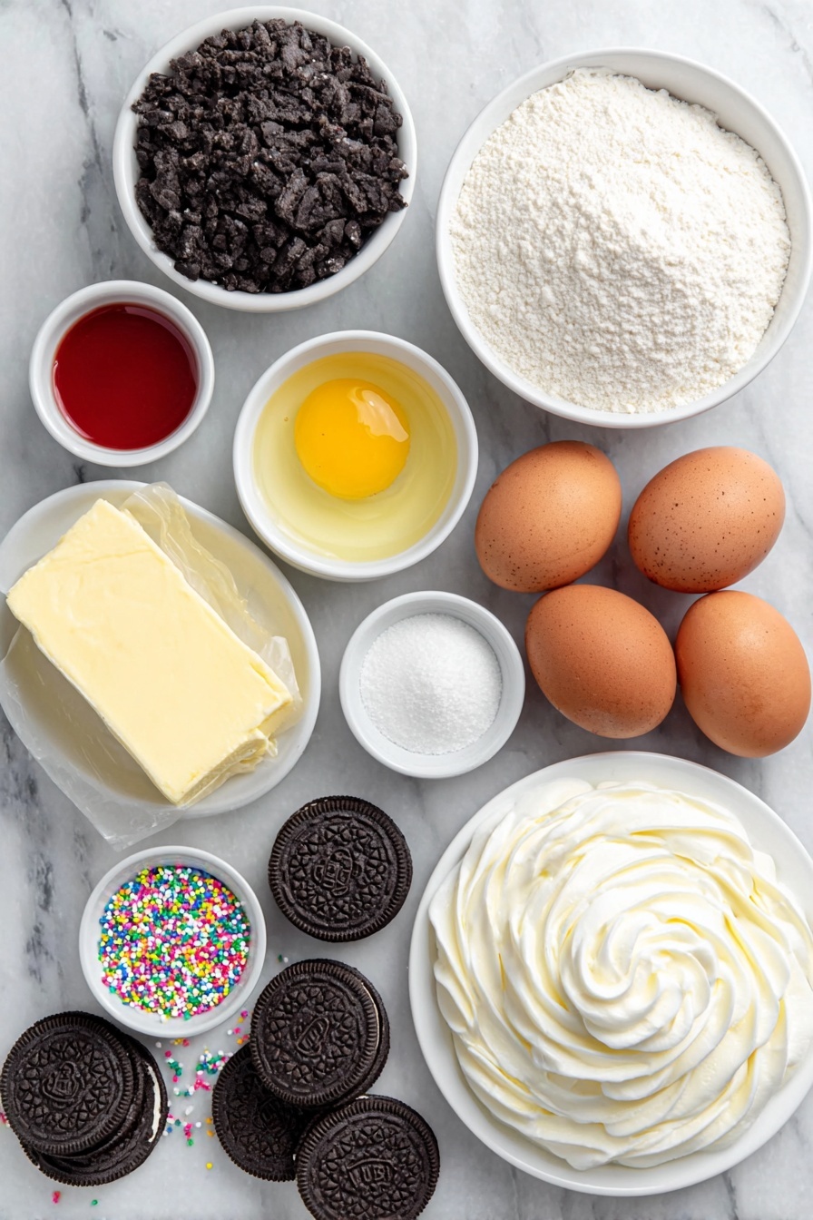 Mini Christmas Cheesecake Bites, Christmas Cheesecake Bites, holiday cheesecake treats, festive mini cheesecakes, easy Christmas dessert - Flat lay of crushed Oreo cookies with cream filling, a small white bowl of melted butter, a smooth block of cream cheese, a small mound of granulated sugar, a small bowl of all-purpose flour, a few thin strips of lemon zest, two whole uncracked brown eggs, a small white bowl of heavy cream, a small white bowl containing red food coloring, a small white bowl containing green food coloring, a dollop of whipped cream on a white ceramic plate, colorful sprinkles scattered neatly on a white ceramic plate placed on a clean white marble surface, soft natural light, photo taken with an iPhone, professional food photography style, fresh ingredients, white ceramic bowls, no bottles, no duplicates, no utensils, no packaging --ar 2:3 --v 7 --p m7354615311229779997
