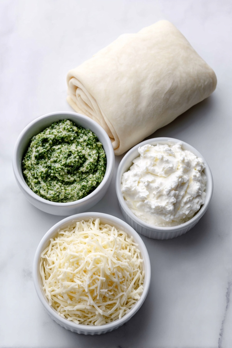 Pesto Puff Pastry Christmas Trees, festive appetizer recipes, holiday party appetizers, easy Christmas snacks, cute holiday finger foods - Flat lay of a smooth, unrolled sheet of fresh puff pastry, a small white ceramic bowl filled with vibrant green basil pesto, a small white ceramic bowl containing creamy white cream cheese, and a small white ceramic bowl heaped with pale yellow shredded cheese, all arranged in perfect symmetry on a clean white marble surface, soft natural light, photo taken with an iPhone, professional food photography style, fresh ingredients, white ceramic bowls, no bottles, no duplicates, no utensils, no packaging --ar 2:3 --v 7 --p m7354615311229779997