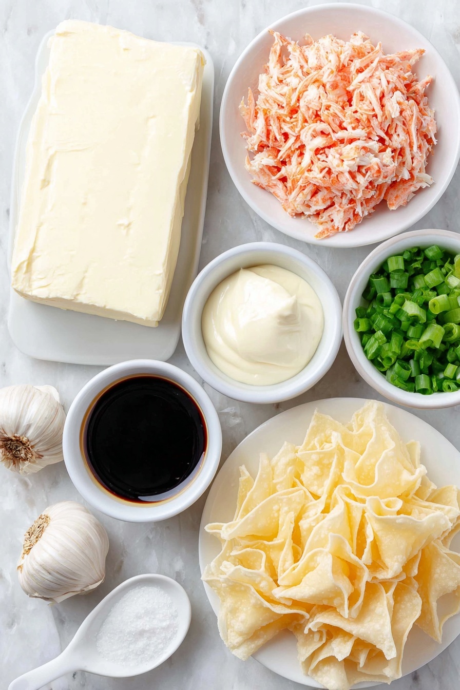 Crab Rangoon Dip with Crispy Wonton Chips, crab rangoon dip, creamy crab dip, appetizer with wonton chips, cheesy crab dip - Flat lay of fresh cream cheese block, a small white bowl of creamy mayonnaise, a small white bowl of thick sour cream, a small white bowl of dark low-sodium soy sauce, three whole cloves of fresh garlic, one white ceramic spoon-shaped dish with granulated white sugar, shredded imitation crab meat arranged neatly, a small pile of freshly shredded Monterey Jack cheese, a small white bowl of sliced green onions, and a stack of fresh wonton wrappers cut diagonally into triangles, all placed symmetrically on simple white ceramic plates and bowls, placed on a clean white marble surface, soft natural light, photo taken with an iPhone, professional food photography style, fresh ingredients, white ceramic bowls, no bottles, no duplicates, no utensils, no packaging --ar 2:3 --v 7 --p m7354615311229779997
