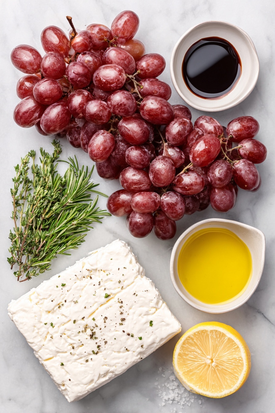 Balsamic Roasted Grapes with Whipped Feta, roasted grape appetizer, easy grape appetizer, savory feta dip, elegant party appetizer - Flat lay of fresh red California grapes still on their stems, a small white ceramic bowl of dark glossy balsamic vinegar, a small white ceramic bowl of golden olive oil, a few sprigs of chopped fresh rosemary arranged neatly, a block of fresh white feta cheese, a block of fresh cream cheese, a halved bright yellow lemon with visible juicy pulp, and a small simple pile of coarse salt and cracked black pepper placed on a clean white marble surface, soft natural light, photo taken with an iPhone, professional food photography style, fresh ingredients, white ceramic bowls, no bottles, no duplicates, no utensils, no packaging --ar 2:3 --v 7 --p m7354615311229779997