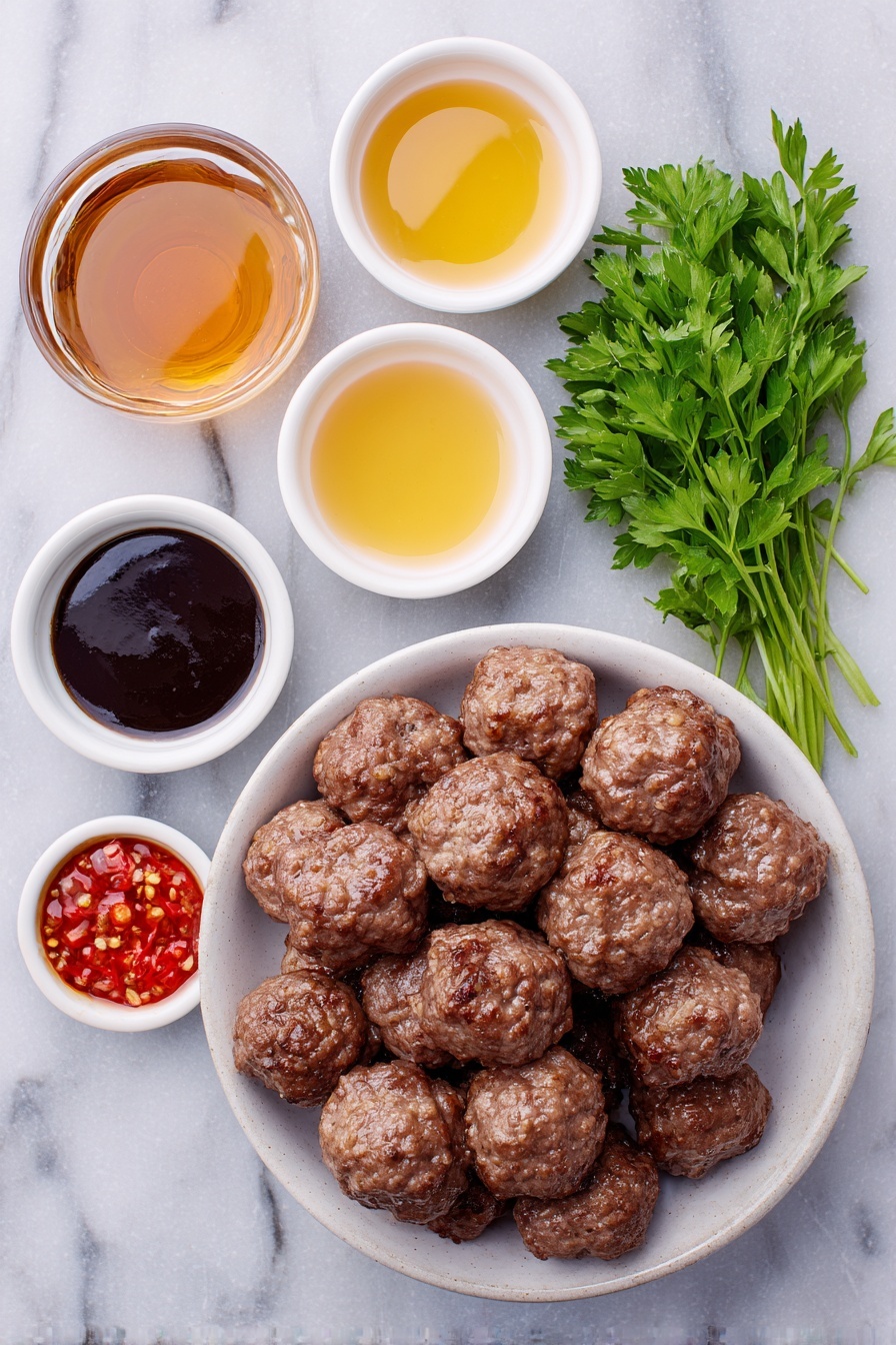 Bourbon Slow Cooker Meatballs, easy meatball appetizers, slow cooker meatball recipes, party meatballs with bourbon, flavorful meatball dinner - Flat lay of a small white ceramic bowl of glossy hickory and brown sugar barbecue sauce, a small white ceramic bowl of amber bourbon, a small white ceramic bowl of golden honey, a small white ceramic bowl of dark molasses, a small white ceramic bowl of bright red sweet chili sauce, a small white ceramic bowl of deep brown Worcestershire sauce, a pile of fully cooked, browned meatballs arranged neatly, and a few sprigs of fresh, bright green chopped parsley on a simple white ceramic dish, placed on a clean white marble surface, soft natural light, photo taken with an iPhone, professional food photography style, fresh ingredients, white ceramic bowls, no bottles, no duplicates, no utensils, no packaging --ar 2:3 --v 7 --p m7354615311229779997