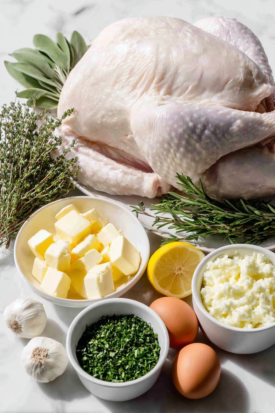 Herb Butter Roast Turkey, Herb Butter Turkey, Juicy Roast Turkey, Herbed Turkey Recipe, Holiday Turkey - Flat lay of a whole raw turkey with pale pink skin and plump shape, a small white ceramic bowl of softened pale yellow unsalted butter, a small white bowl with fresh chopped green sage leaves, a small white bowl with fresh chopped green thyme leaves, a small white bowl with fresh chopped rosemary needles, four whole peeled garlic cloves arranged beside a small white bowl of minced garlic, a halved bright yellow lemon, a few sprigs each of fresh sage, thyme, and rosemary with vibrant green leaves, a few whole uncracked brown garlic cloves, and two whole uncracked brown eggs placed symmetrically around, all neatly arranged on a simple white ceramic plate and bowls, placed on a clean white marble surface, soft natural light, photo taken with an iPhone, professional food photography style, fresh ingredients, white ceramic bowls, no bottles, no duplicates, no utensils, no packaging --ar 2:3 --v 7 --p m7354615311229779997