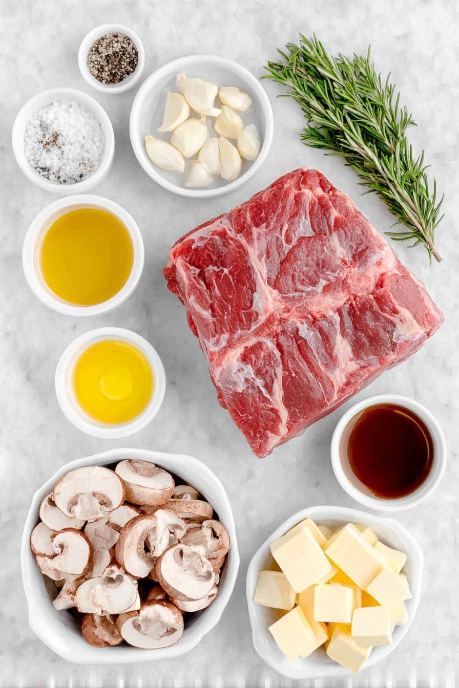 Rosemary Garlic Roast Beef, roast beef with rosemary and garlic, flavorful roast beef, easy beef roast recipe, juicy roast beef - Flat lay of a large raw boneless rib eye roast with a rich marbled texture, a small white ceramic bowl filled with chopped fresh rosemary sprigs, a small white ceramic bowl containing peeled garlic cloves, a small white ceramic bowl with coarse sea salt, a small white ceramic bowl of freshly ground black pepper, two small white ceramic bowls each holding golden olive oil and clear vegetable oil, a small white ceramic bowl with creamy unsalted butter cubes, a simple white ceramic shallow bowl heaped with an assortment of fresh, sliced mushrooms, and a small white ceramic bowl filled with rich brown beef stock, all carefully arranged in perfect symmetry on a clean white marble surface, soft natural light, photo taken with an iPhone, professional food photography style, fresh ingredients, white ceramic bowls, no bottles, no duplicates, no utensils, no packaging --ar 2:3 --v 7 --p m7354615311229779997