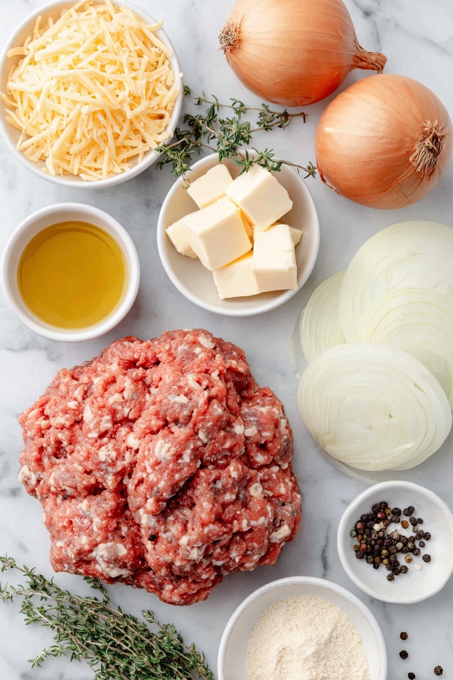 French Onion Chicken Meatballs Skillet, French onion chicken meatballs, savory chicken meatball skillet, caramelized onion chicken recipe, cheesy chicken meatballs - Flat lay of fresh ground chicken shaped into raw meatballs, a small heap of minced yellow onion, a small pile of shredded Gruyère cheese, a small pile of shredded mozzarella cheese, a small white ceramic bowl with plain bread crumbs, several peeled garlic cloves whole, two whole uncracked brown eggs, a few sprigs of fresh thyme, a small white ceramic bowl with olive oil, four large thinly sliced yellow onions arranged in a neat stack, a small white ceramic bowl with unsalted butter cubes, a small white ceramic bowl with dry sherry, a small white ceramic bowl with low-sodium beef broth, kosher salt and black peppercorns sprinkled carefully for display, placed on a clean white marble surface, soft natural light, photo taken with an iPhone, professional food photography style, fresh ingredients, white ceramic bowls, no bottles, no duplicates, no utensils, no packaging --ar 2:3 --v 7 --p m7354615311229779997