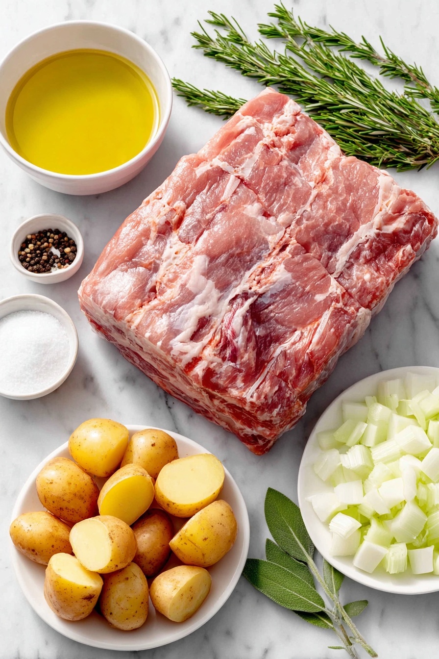 Slow Cooker Pork Roast with Vegetables, pork roast recipes, easy slow cooker dinner, hearty pork slow cooker meal, flavorful pork roast with vegetables - Flat lay of a large raw pork shoulder roast with a natural pink hue and marbling, a small white ceramic bowl of golden avocado oil, a peeled large white onion diced into neat half-inch cubes on a simple white plate, four whole uncracked brown garlic cloves, a small white ceramic bowl filled with clear low sodium chicken broth, a mound of coarse sea salt crystals on a white ceramic dish, freshly ground black peppercorns in a small white bowl, four large Yukon gold potatoes cut into 3-inch pieces arranged on a round white plate, eight fresh vibrant orange carrots sliced into 3-inch lengths on a simple white ceramic plate, and six fresh herb sprigs including rosemary, sage, and thyme laid out symmetrically — all ingredients looking fresh and natural, placed on a clean white marble surface, soft natural light, photo taken with an iPhone, professional food photography style, fresh ingredients, white ceramic bowls, no bottles, no duplicates, no utensils, no packaging --ar 2:3 --v 7 --p m7354615311229779997