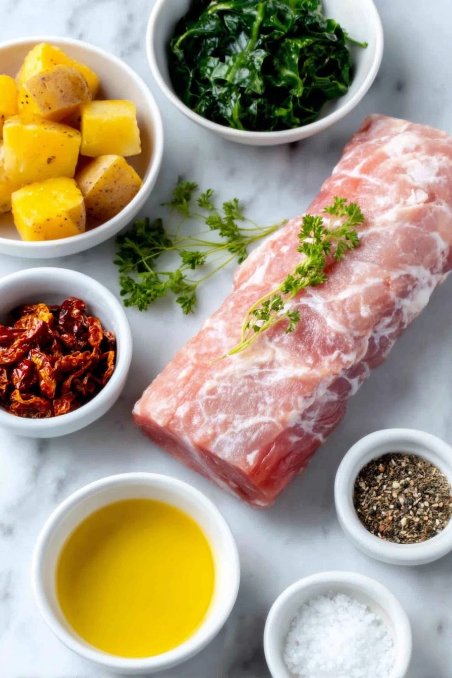 Stuffed Pork Tenderloin, Stuffed Pork Tenderloin recipe, pork tenderloin stuffed with spinach and sun-dried tomatoes, easy stuffed pork recipe, elegant pork dinner - Flat lay of a whole raw pork tenderloin with a smooth pink surface, a few sprigs of fresh green parsley, a small pile of bright red sliced sun-dried tomatoes, a small white bowl filled with dark green thawed spinach, a small white bowl of shredded white mozzarella cheese, a small white bowl of golden olive oil, a white ceramic bowl holding small sliced fresh potatoes with skins on, a small white bowl of coarse salt crystals, a small white bowl of cracked black peppercorns, and a white ceramic bowl with Italian seasoning blend of dried herbs placed neatly, all arranged with perfect symmetry and realistic proportions, placed on a clean white marble surface, soft natural light, photo taken with an iPhone, professional food photography style, fresh ingredients, white ceramic bowls, no bottles, no duplicates, no utensils, no packaging --ar 2:3 --v 7 --p m7354615311229779997