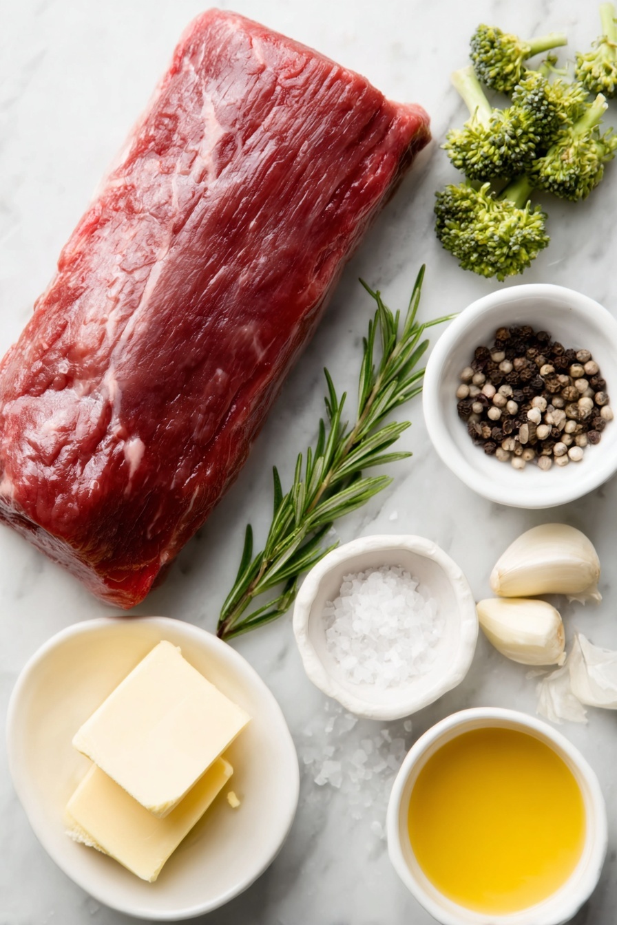 Beef Tenderloin Roast, beef tenderloin recipe, juicy beef roast, easy beef tenderloin, elegant dinner ideas - Flat lay of a whole raw beef tenderloin roast with a deep red color and smooth texture, a small mound of coarse sea salt crystals, a few loose black peppercorns, four plump garlic cloves with pale papery skins, a small bunch of fresh rosemary sprigs with needle-like green leaves, a small white ceramic bowl with soft pale yellow salted butter, a small white ceramic bowl containing smooth pale yellow Dijon mustard, and a few bright green broccoli florets with tight buds, all arranged neatly with perfect symmetry and balanced proportions on a clean white marble surface, soft natural light, photo taken with an iPhone, professional food photography style, fresh ingredients, white ceramic bowls, no bottles, no duplicates, no utensils, no packaging --ar 2:3 --v 7 --p m7354615311229779997
