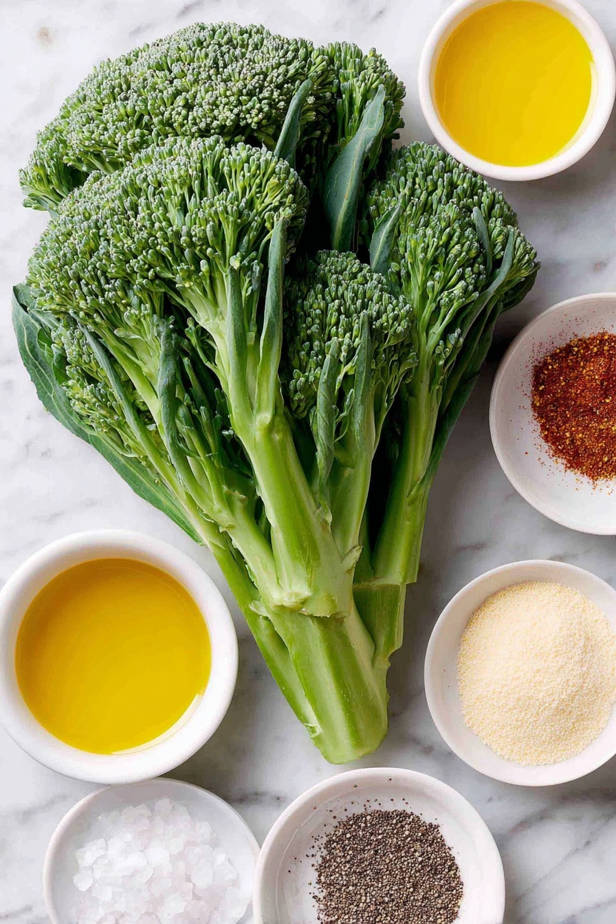 Oven Roasted Broccoli with Garlic and Paprika, roasted broccoli side dish, garlic roasted broccoli, smoky roasted broccoli, easy roasted broccoli recipe - Flat lay of fresh broccoli florets with deep green crowns and firm stalks, a small white ceramic bowl filled with golden olive oil, a small white bowl containing bright red paprika powder, another white bowl with fine white sea salt crystals, a small white bowl of pale beige garlic powder, and a small white bowl with coarsely ground black pepper, arranged in perfect symmetry on a clean white marble surface, soft natural light, photo taken with an iPhone, professional food photography style, fresh ingredients, white ceramic bowls, no bottles, no duplicates, no utensils, no packaging --ar 2:3 --v 7 --p m7354615311229779997
