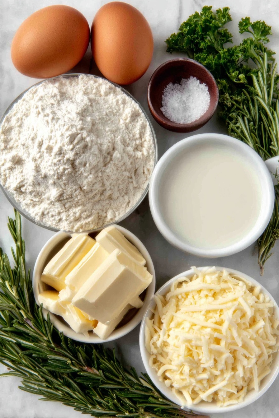 Rosemary Garlic Pull Apart Bread, cheesy pull apart bread, savory herb bread, homemade pull apart bread, garlic herb bread - Flat lay of two whole uncracked brown eggs, a small mound of all-purpose flour, a small white ceramic bowl of warm whole milk, a small white ceramic bowl with softened unsalted butter, a small white ceramic bowl with extra soft unsalted butter, a few sprigs of fresh rosemary, a few sprigs of fresh parsley, two fresh garlic cloves, a small white ceramic bowl of granulated sugar, a small white ceramic bowl of salt, a small white ceramic bowl of garlic powder, a small white ceramic bowl of shredded parmesan cheese, placed on a clean white marble surface, soft natural light, photo taken with an iPhone, professional food photography style, fresh ingredients, white ceramic bowls, no bottles, no duplicates, no utensils, no packaging --ar 2:3 --v 7 --p m7354615311229779997