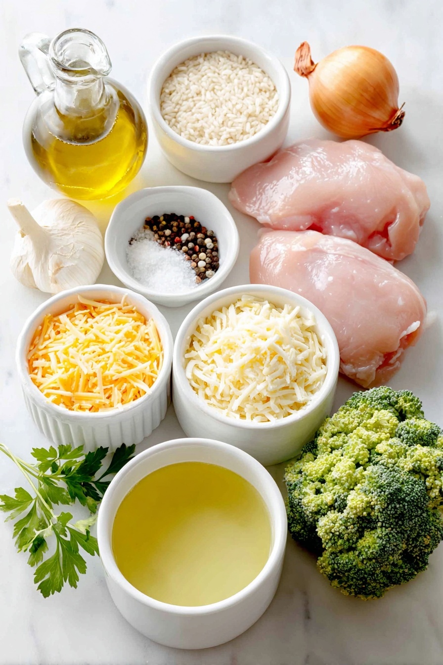 Cheesy Chicken Broccoli Rice Bake, easy chicken casserole, creamy broccoli rice bake, weeknight comfort food, 30-minute dinner - Flat lay of a small white ceramic bowl of olive oil, a whole small onion with papery skin, two raw chicken breasts, a small white ceramic bowl of coarse salt, a small white ceramic bowl of black peppercorns, four whole garlic cloves, a small white ceramic bowl of uncooked long grain rice, a small white ceramic bowl of creamy chicken soup, a small white ceramic bowl of chicken broth, a mound of fresh broccoli florets, a small pile of shredded cheddar cheese, and a few sprigs of fresh parsley placed on a clean white marble surface, soft natural light, photo taken with an iPhone, professional food photography style, fresh ingredients, white ceramic bowls, no bottles, no duplicates, no utensils, no packaging --ar 2:3 --v 7 --p m7354615311229779997