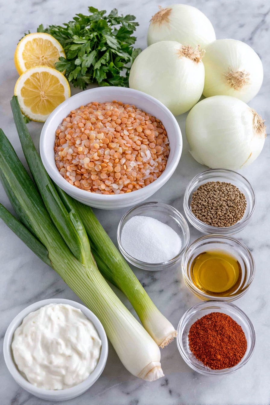 Mujadara Lentils and Rice, Middle Eastern lentil dish, easy lentil and rice recipe, comforting vegetarian meal, caramelized onion dish - Flat lay of four large white onions sliced thinly, a small white ceramic bowl with a golden tablespoon of olive oil, a small white ceramic bowl with white granulated sugar, a small white ceramic bowl of salt crystals, a small white ceramic bowl with clear water, a small white ceramic bowl with amber apple cider vinegar, one cup of green dried lentils, a half cup of uncooked basmati rice with long slender grains, four fresh green scallions chopped with some green tops reserved, two whole uncracked white garlic cloves, small piles of bright red paprika powder, warm brown coriander powder, light brown cumin powder, reddish-brown cinnamon powder, golden yellow turmeric powder, tiny pile of red pepper flakes, fresh flat-leaf parsley sprigs chopped, fresh bright green cilantro leaves chopped, four bright yellow lemon wedges arranged symmetrically, and a small white ceramic bowl filled with creamy plain Greek yogurt placed on a clean white marble surface, soft natural light, photo taken with an iPhone, professional food photography style, fresh ingredients, white ceramic bowls, no bottles, no duplicates, no utensils, no packaging --ar 2:3 --v 7 --p m7354615311229779997