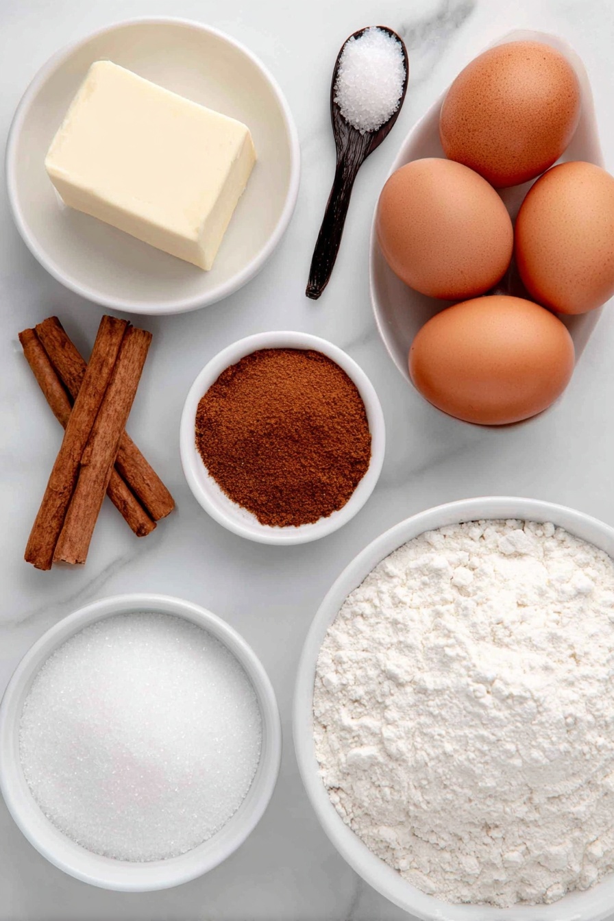 Cinnamon Vanilla Biscotti, biscotti recipe with cinnamon vanilla, how to make cinnamon vanilla biscotti, crunchy biscotti with vanilla and cinnamon, homemade cinnamon vanilla biscotti - Flat lay of a small pat of unsalted butter, a small mound of granulated sugar, a few whole brown eggs with clean shells, a small handful of all purpose flour, a pinch of salt scattered next to a teaspoon of baking powder, a small heap of ground cinnamon with a dash separately nearby, a few vanilla beans cut open revealing seeds, a small white ceramic bowl filled with powdered sugar, a small white ceramic bowl of hot water, all arranged in perfect symmetry on a clean white marble surface, soft natural light, photo taken with an iPhone, professional food photography style, fresh ingredients, white ceramic bowls, no bottles, no duplicates, no utensils, no packaging --ar 2:3 --v 7 --p m7354615311229779997